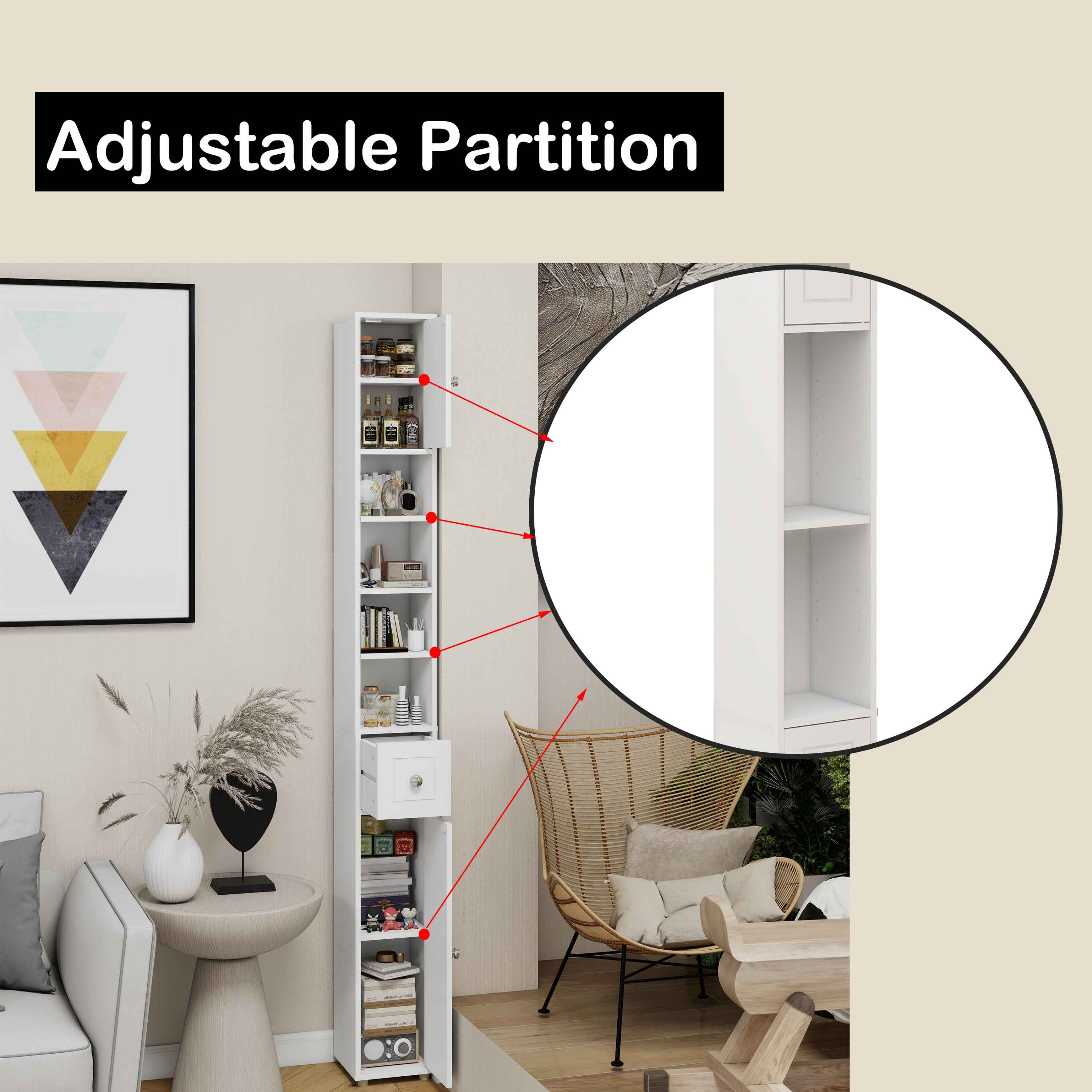 Tall Slim Bathroom Storage Cabinet, 71' Freestanding Bathroom Cabinet with 1 Drawer, 2 Doors and 4 Adjustable Shelves-White