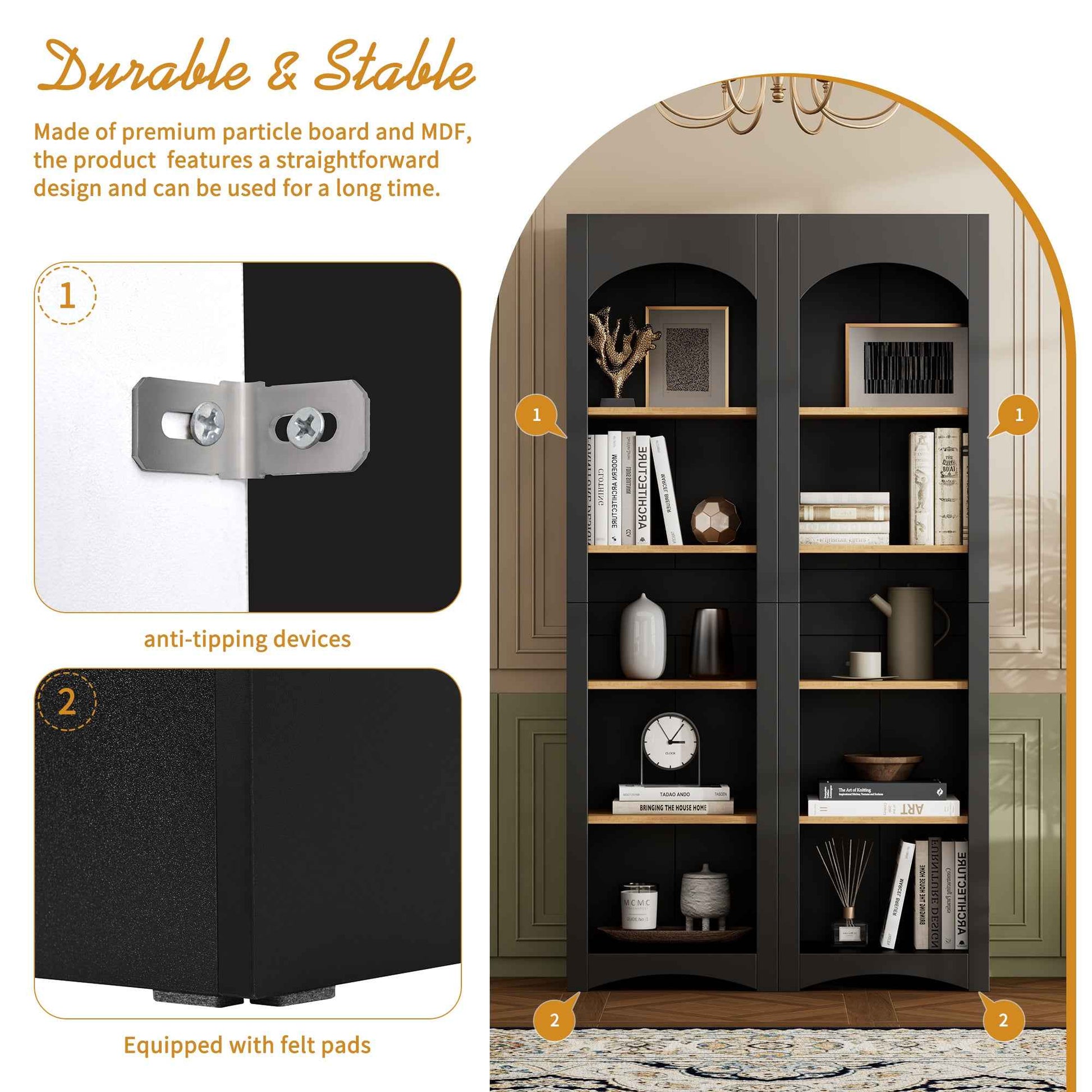 ON-TREND Free Standing 5 Tier Bookshelves, Bookcases Set of 2, Farmhouse Two-Tone Storage Cabinet with Adjustable Shelves, Modern 72'H Kitchen Pantry Cabinet for Living Room, Home Office, Black