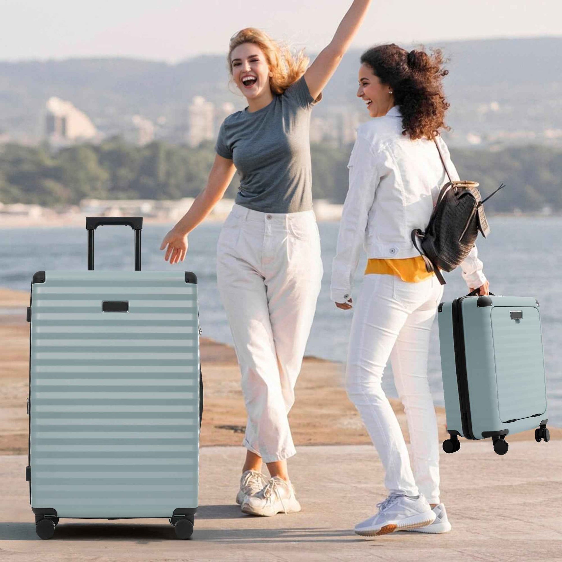 Luggage Sets 5 Piece with Front Opening , Hardside Expandable Carry on Suitcase with Spinner Wheels TSA Lock USB Port  Cup Holder Duffel Bag and Toiletry Bag