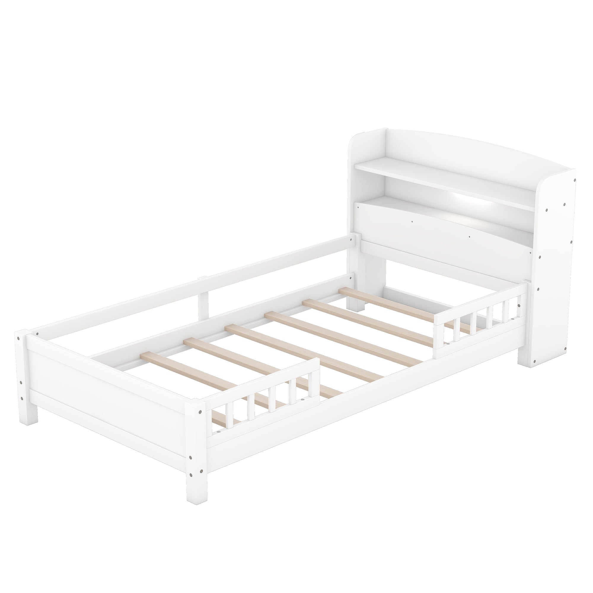 Wood Twin Size Platform Bed with Built-in LED Light, Storage Headboard and Guardrail, White - Abrihome