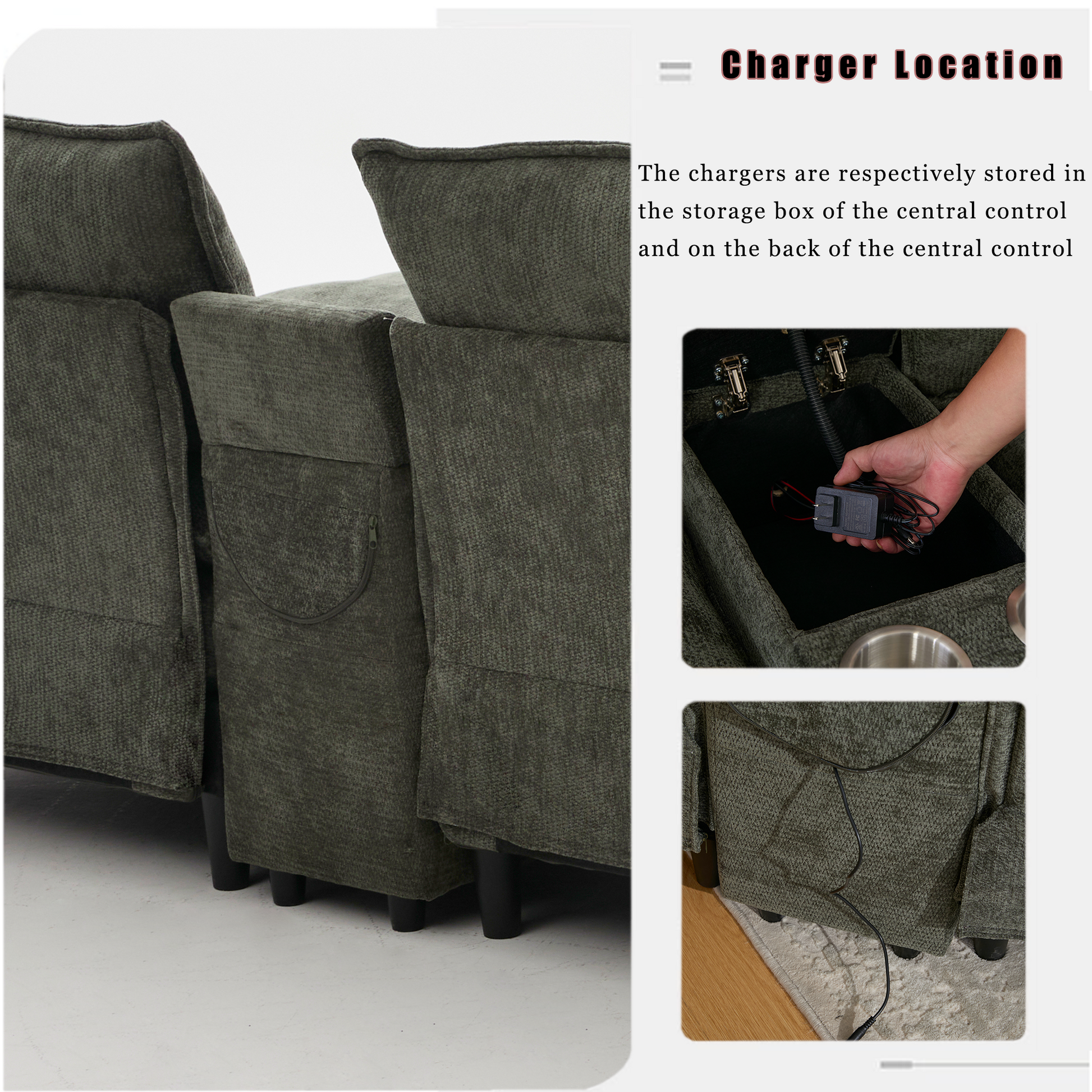 [NEW ARRIVED] [VIDEO PROVIDED]U Shaped Modular Sectional Sofa,Storage Console & Wireless Charging,2 Cup Holders,Bluetooth Speakers,2 Movable Footstools,Adjustable handrail,Movable seat,Chenille,Green