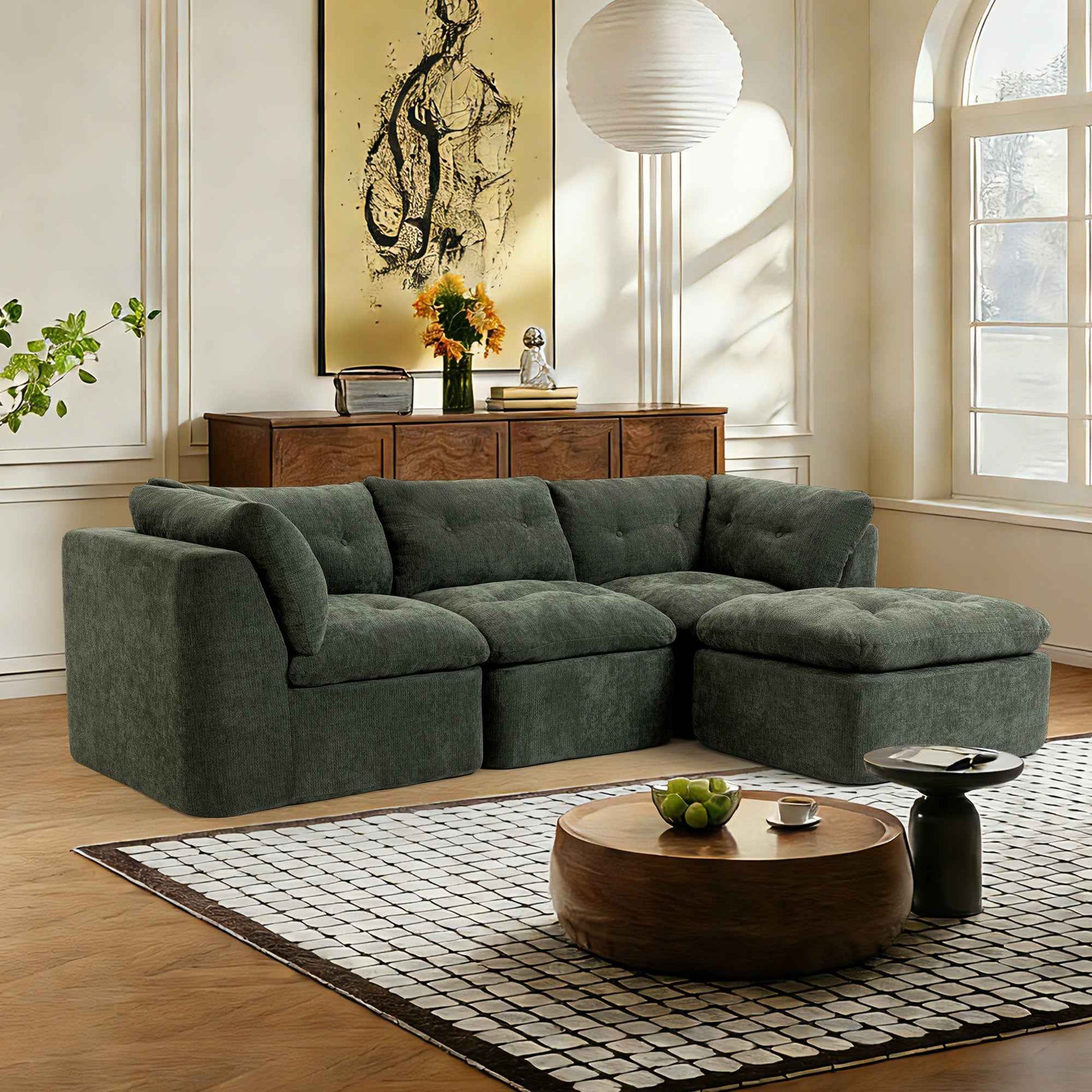 Modern Cloud-style Living Room Sofa, Deep Seat Convertible L-shaped Frame-free Sofa (with Ottoman), Oversized Comfortable 4-seater Chenille Fabric Compressed Sofa, Modular Sectional Sofa