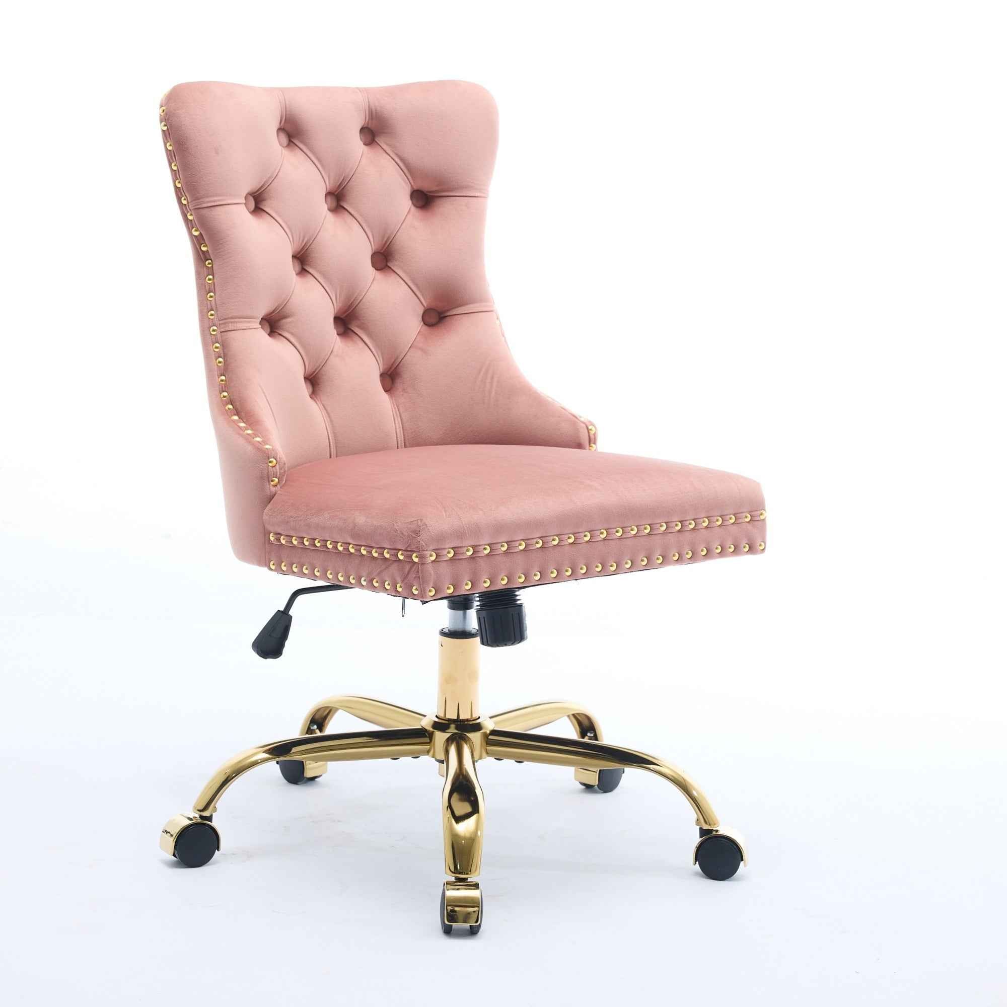 A&A Furniture Office Chair,Modern Velvet Upholstered Tufted Button Home Office Chair with Golden Metal Base,Adjustable Desk Chair Swivel Office Chair (Pink)