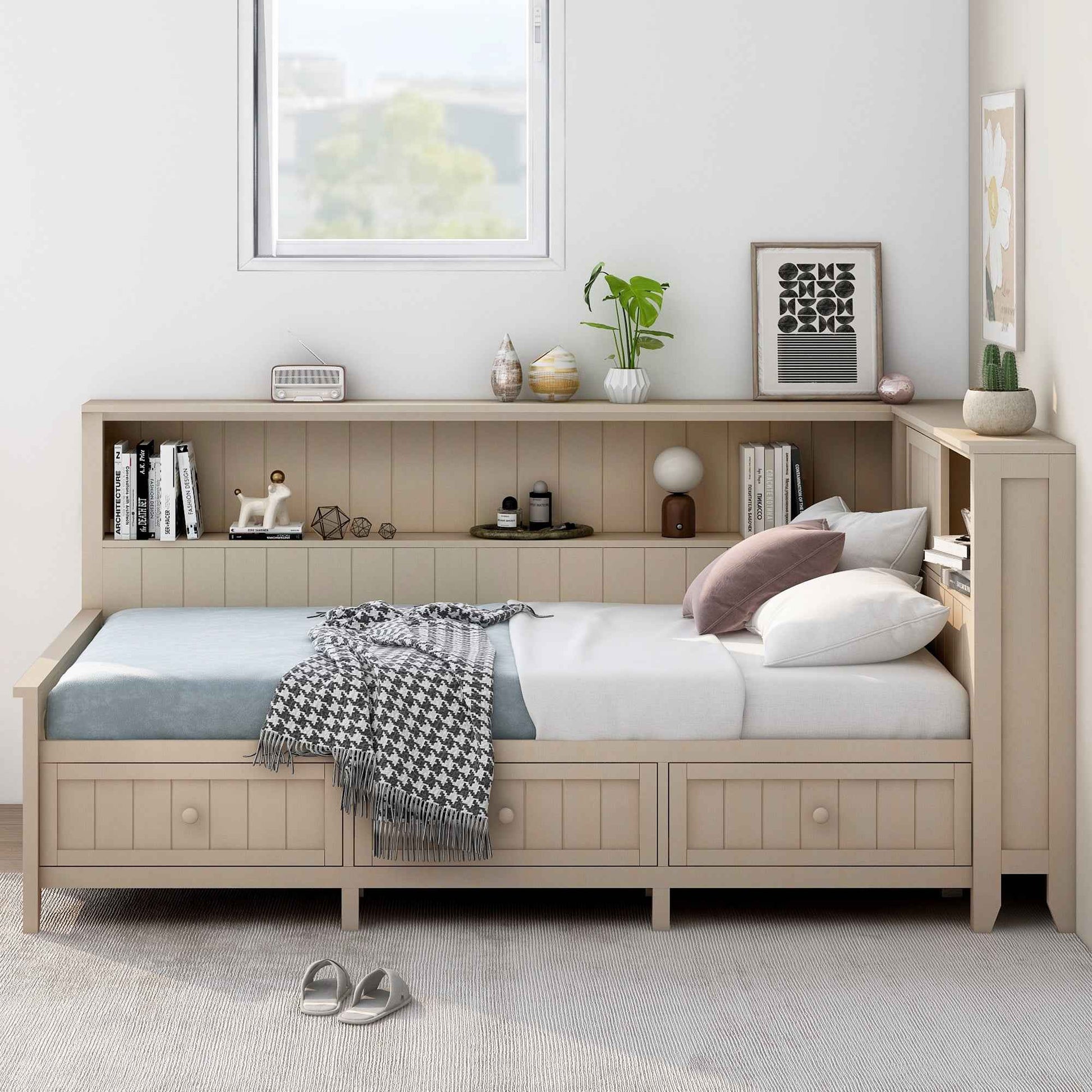 Twin Size Wood Daybed with Storage Shelves and 3 Drawers in Antique White Milk Finish, Solid Pine Wood and MDF