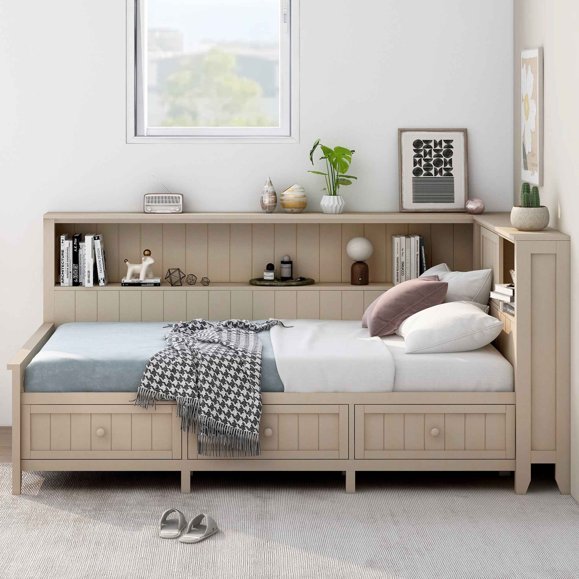 Twin Size Wood Daybed with Storage Shelves and 3 Drawers in Antique White Milk Finish, Solid Pine Wood and MDF