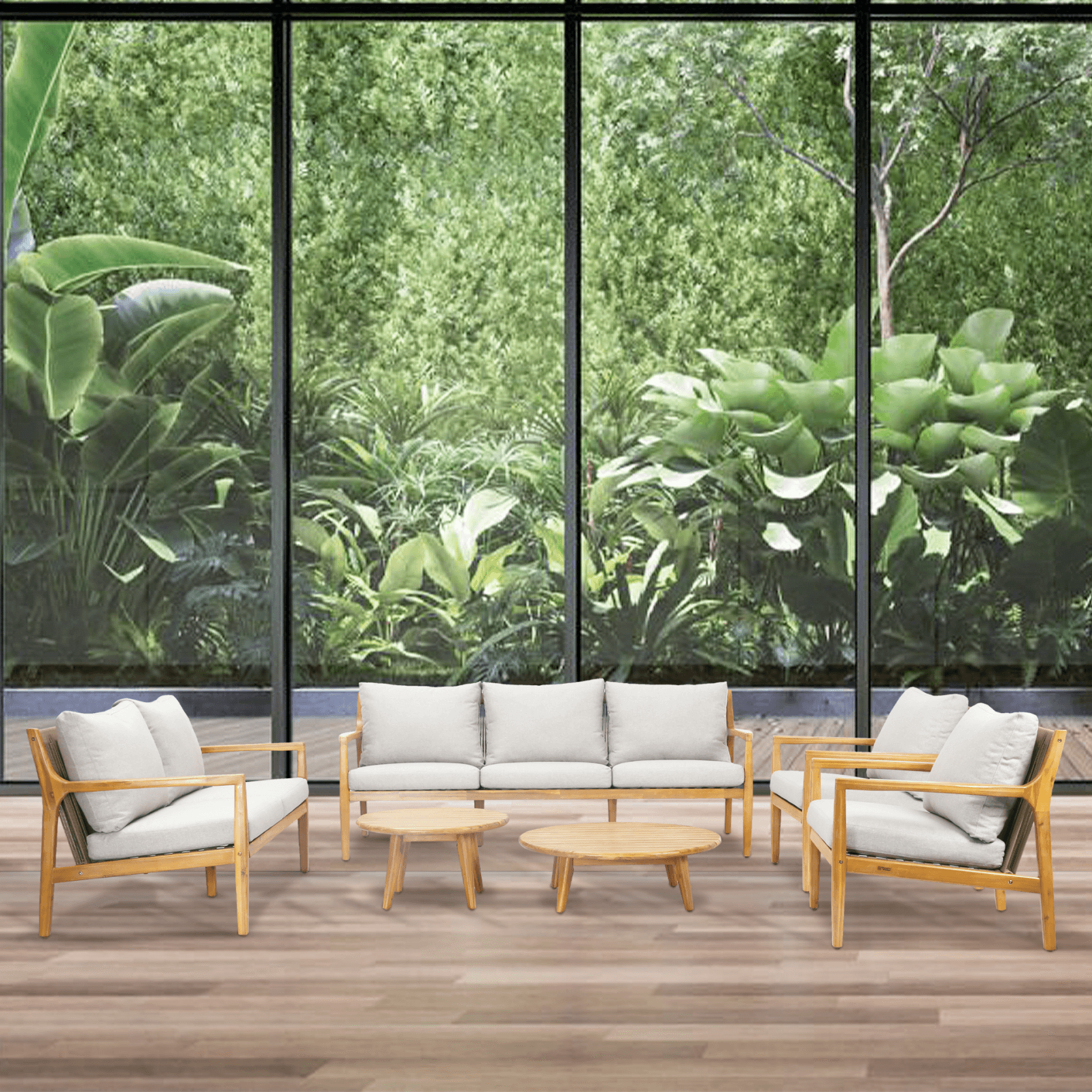 Natural Acacia Wood Outdoor Seating Set – 6-Piece Rustic Patio Sofa & Table Collection（PAS-2513-3SC+2SC+SC*2+TA+ST) - Abrihome