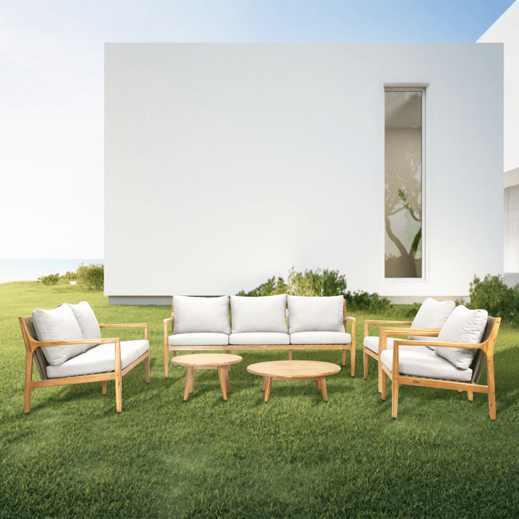 Natural Acacia Wood Outdoor Seating Set – 6-Piece Rustic Patio Sofa & Table Collection（PAS-2513-3SC+2SC+SC*2+TA+ST) - Abrihome