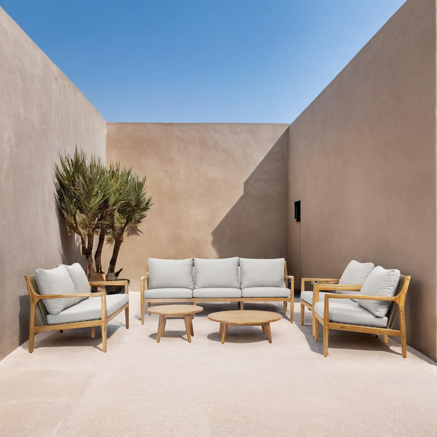 Natural Acacia Wood Outdoor Seating Set – 6-Piece Rustic Patio Sofa & Table Collection（PAS-2513-3SC+2SC+SC*2+TA+ST) - Abrihome