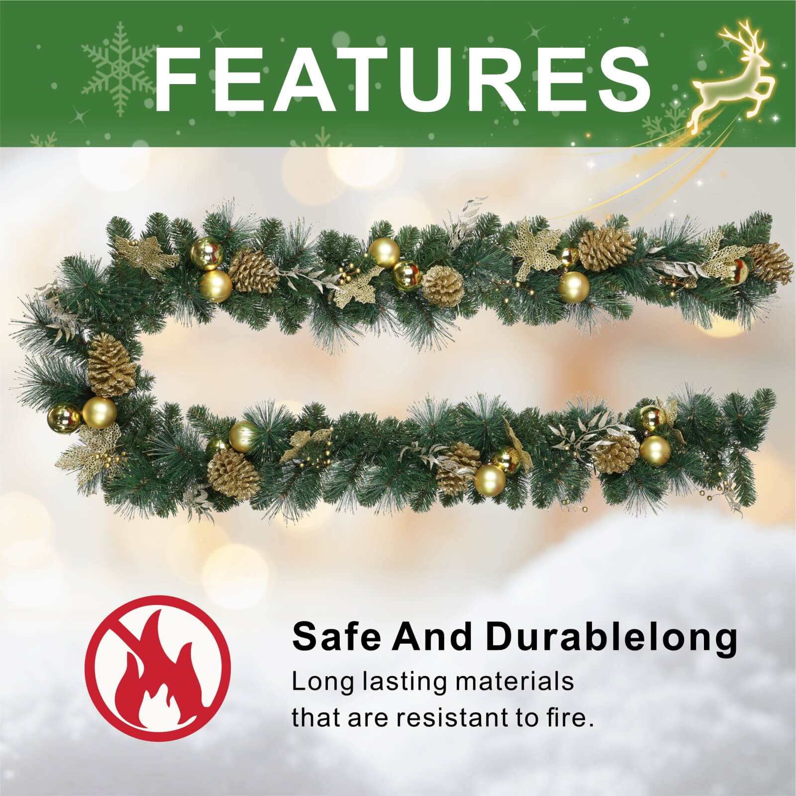 Holiday Pine Garland with Gold Details & Warm White LEDs(PJG-2511) - Abrihome