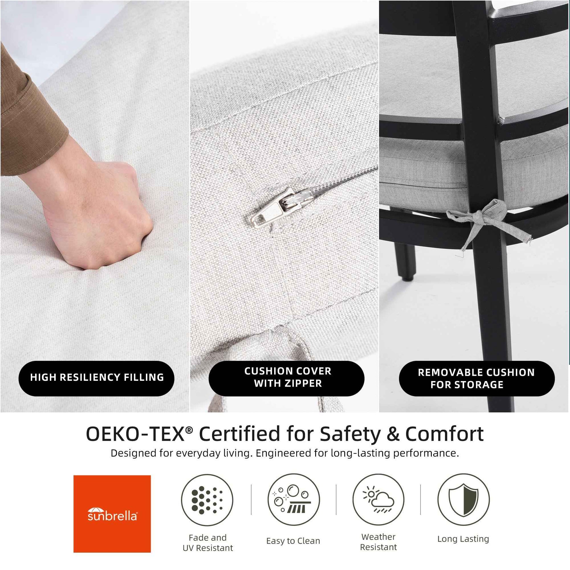 7-Piece Outdoor Patio Aluminum Furniture, Modern Dining Set, including 4 Dining Chairs & 2 Swivel Rockers Sunbrella Fabric Cushioned and Rectangle Dining Table with Umbrella Hole, Ember Black