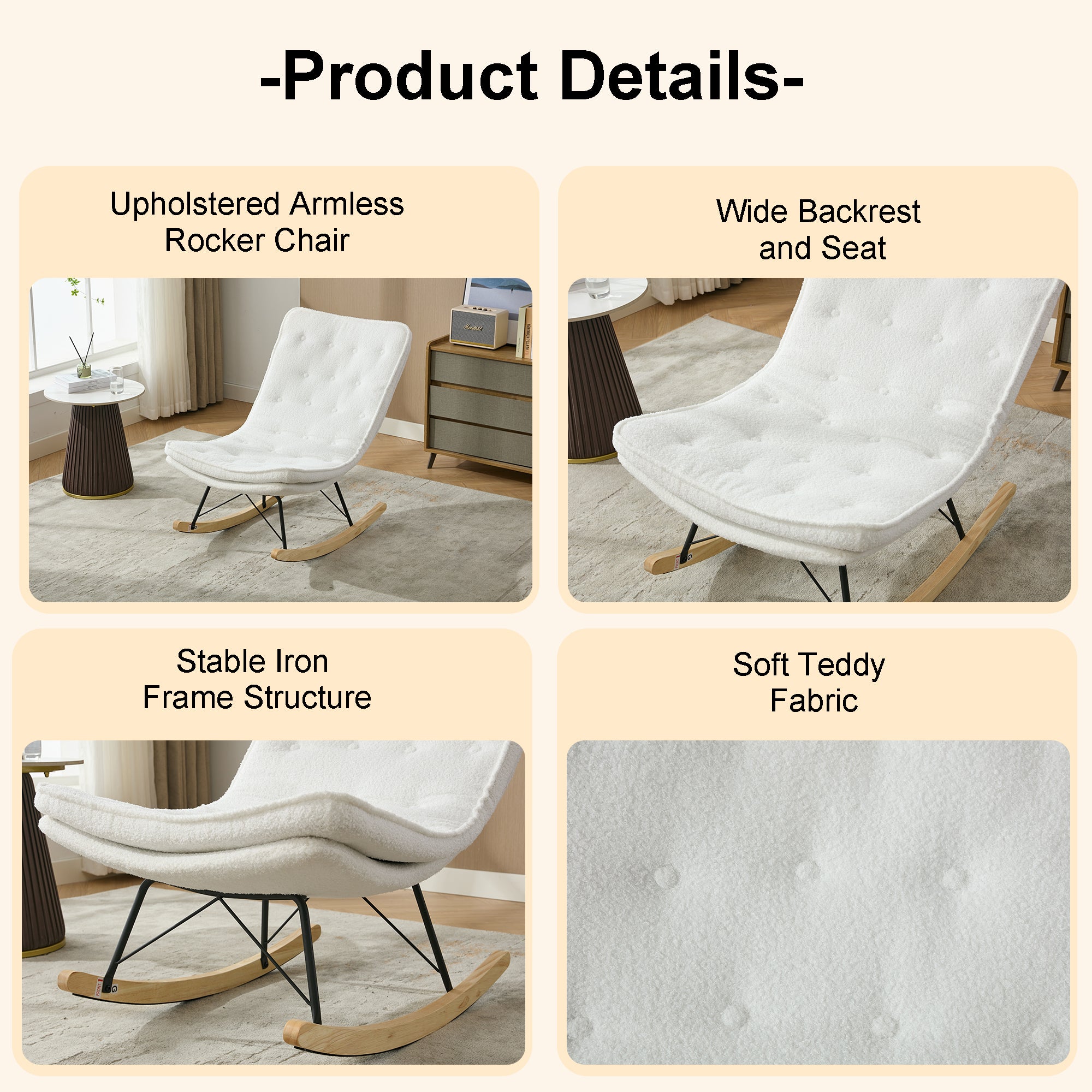 Lazy Rocking Chair,Comfortable Lounge Chair with Wide Backrest and Seat Wood Base, Upholstered Armless Rocker Chair for Living room, Balcony,Bedroom and Patio Porch. (WHITE)