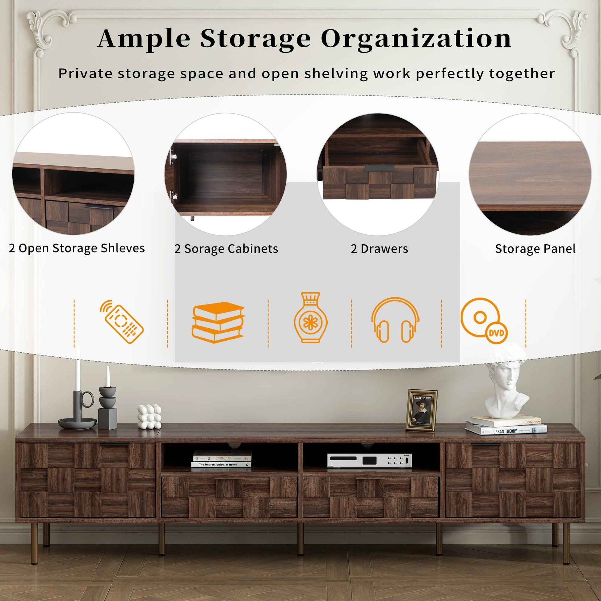Mid Century TV Stand with 2 Drawers in Dark Brown, Media Console Table for TVs up to 85'', Made of Particle Board and MDF, 78.7'' x 15.7'' x 17.7''
