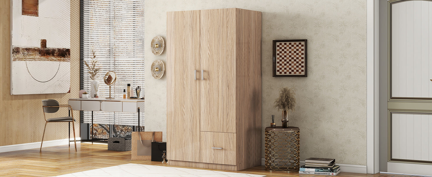 Wooden Wardrobe with Double Doors, Armoire with Hanging Rod, 5 Fixed Shelves, One Storage Drawer,Natural