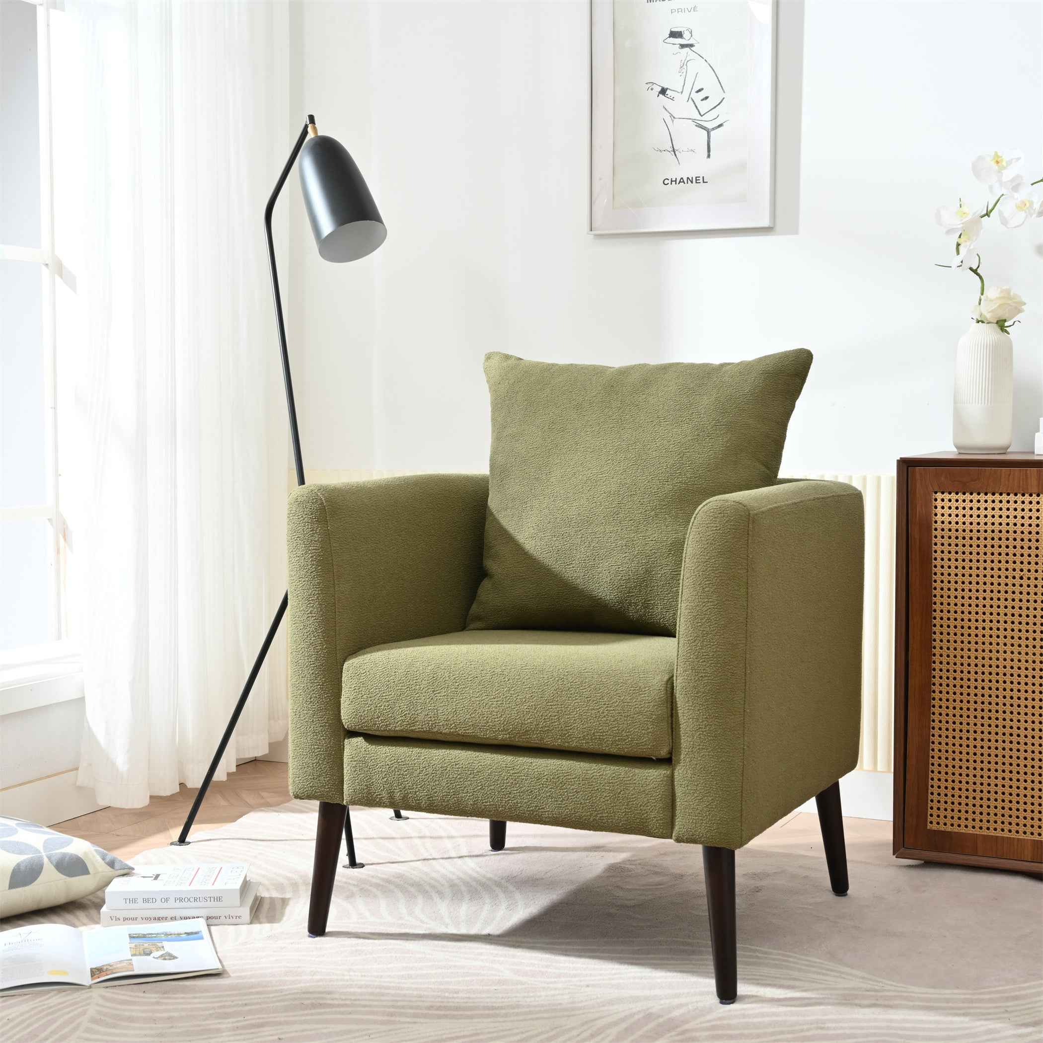 Modern Fabric Accent Chair, Upholstered Armchair for Living Room, Mid Century Fabric Lounge Chair w/Pillow, Comfortable Reading Chair with Wood Legs for Living Room, Bedroom, Reception Room (Olive)