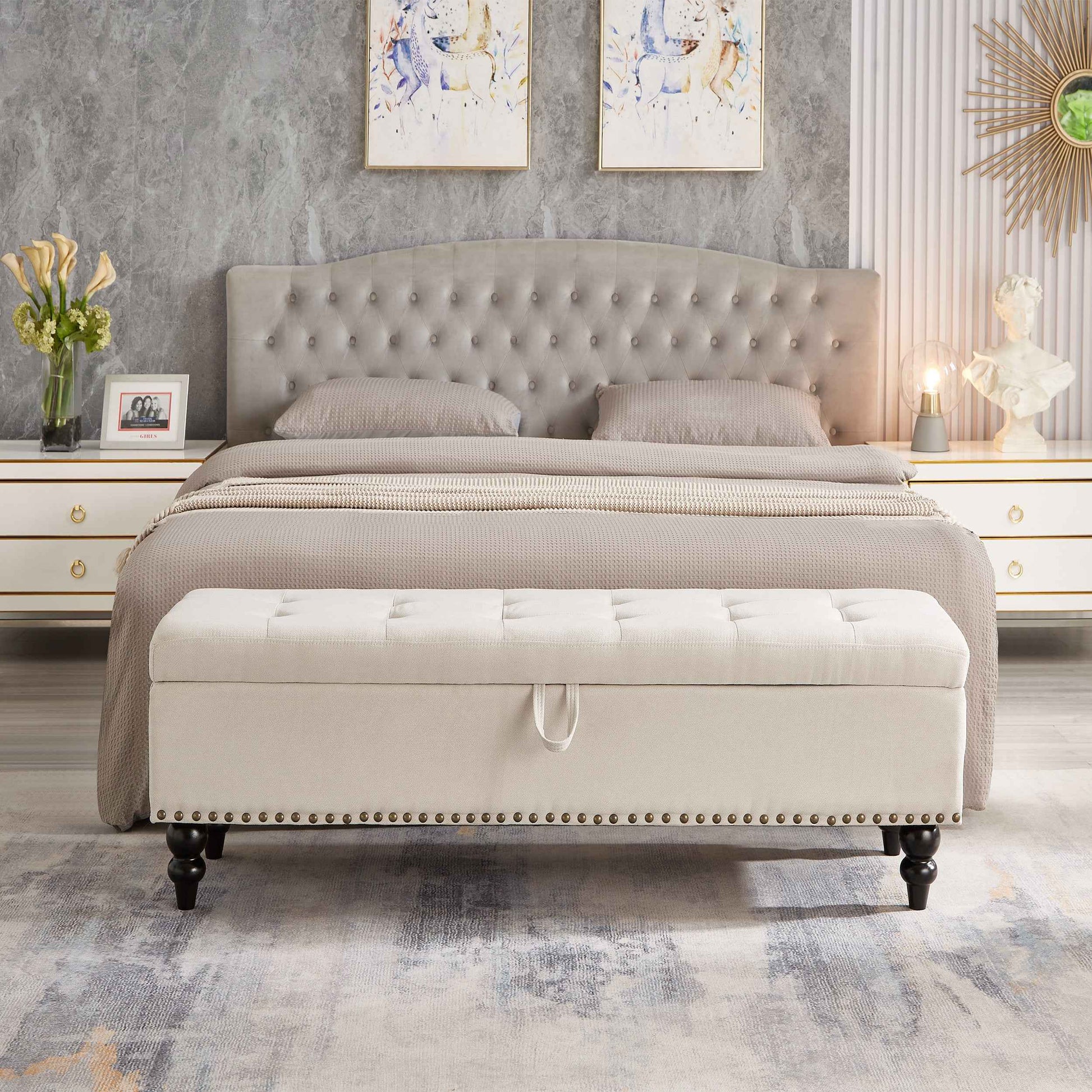 59' Bed Bench Ottoman with Storage  Beige Fabric