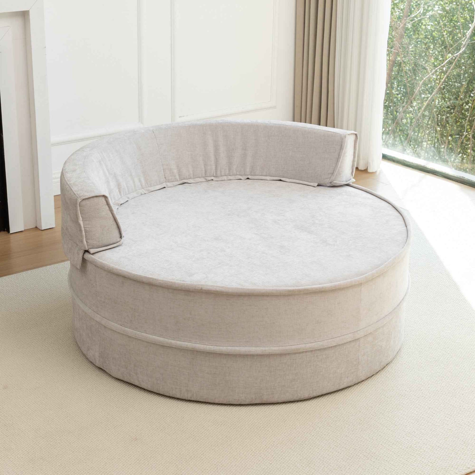 Modern Oversized  Gray Round Barrel Accent Chair with Ottoman – Velvet Upholstered Lounge Armchair with 5 Pillows for Living Room or Bedroom