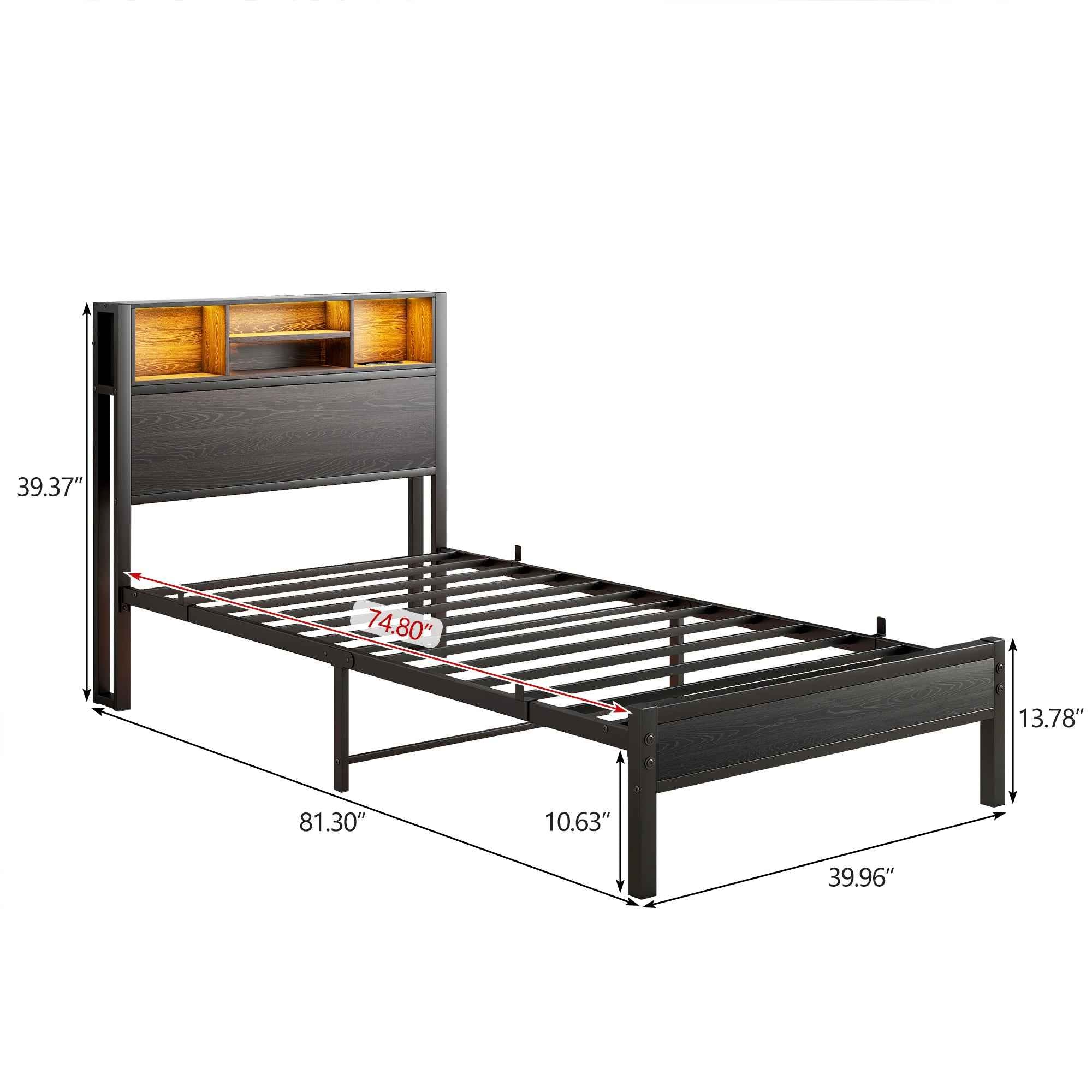 Twin Size Bed Frame with Storage Headboard, Metal Platform Bed with Charging Station, Bookcase Storage, Easy Assembly