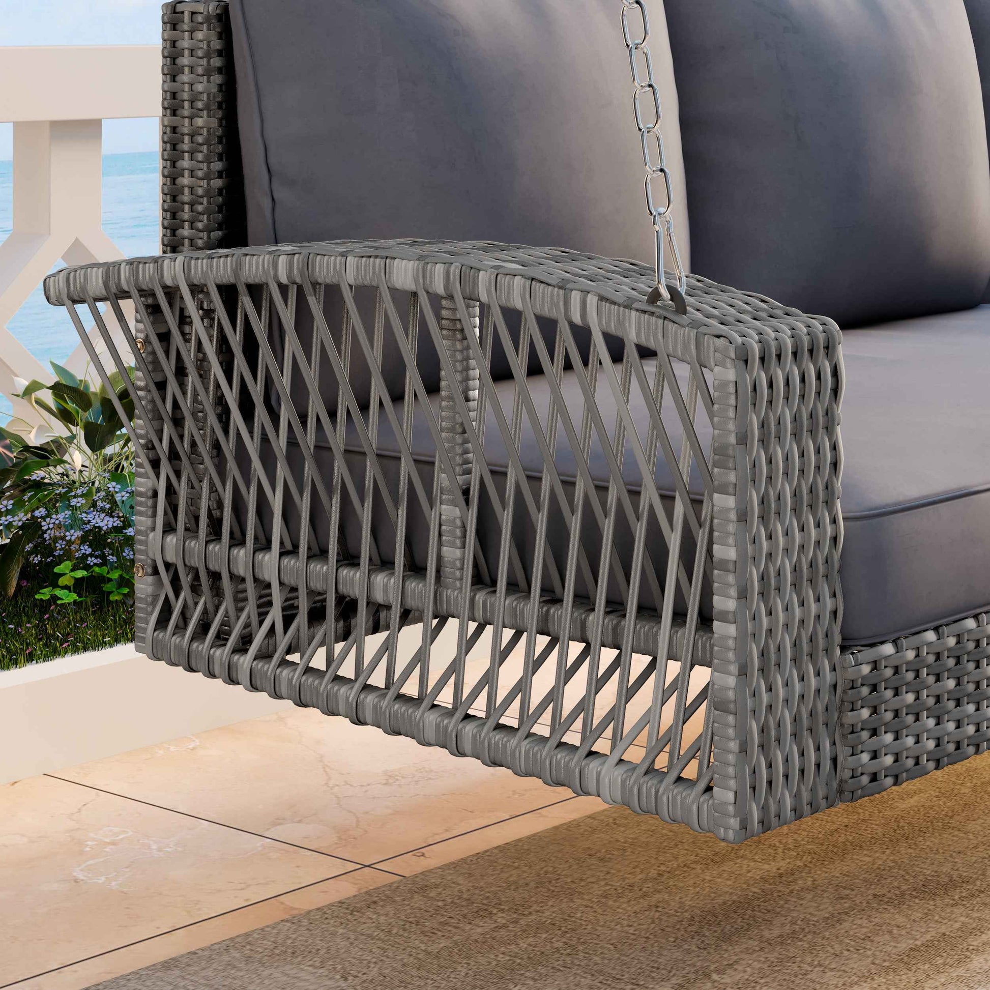 GO 69' PE Wicker 3-Person Porch Swing with Chains, Large Patio Swing Bench with Cushions for Backyard, Garden, and Poolside, Gray69'