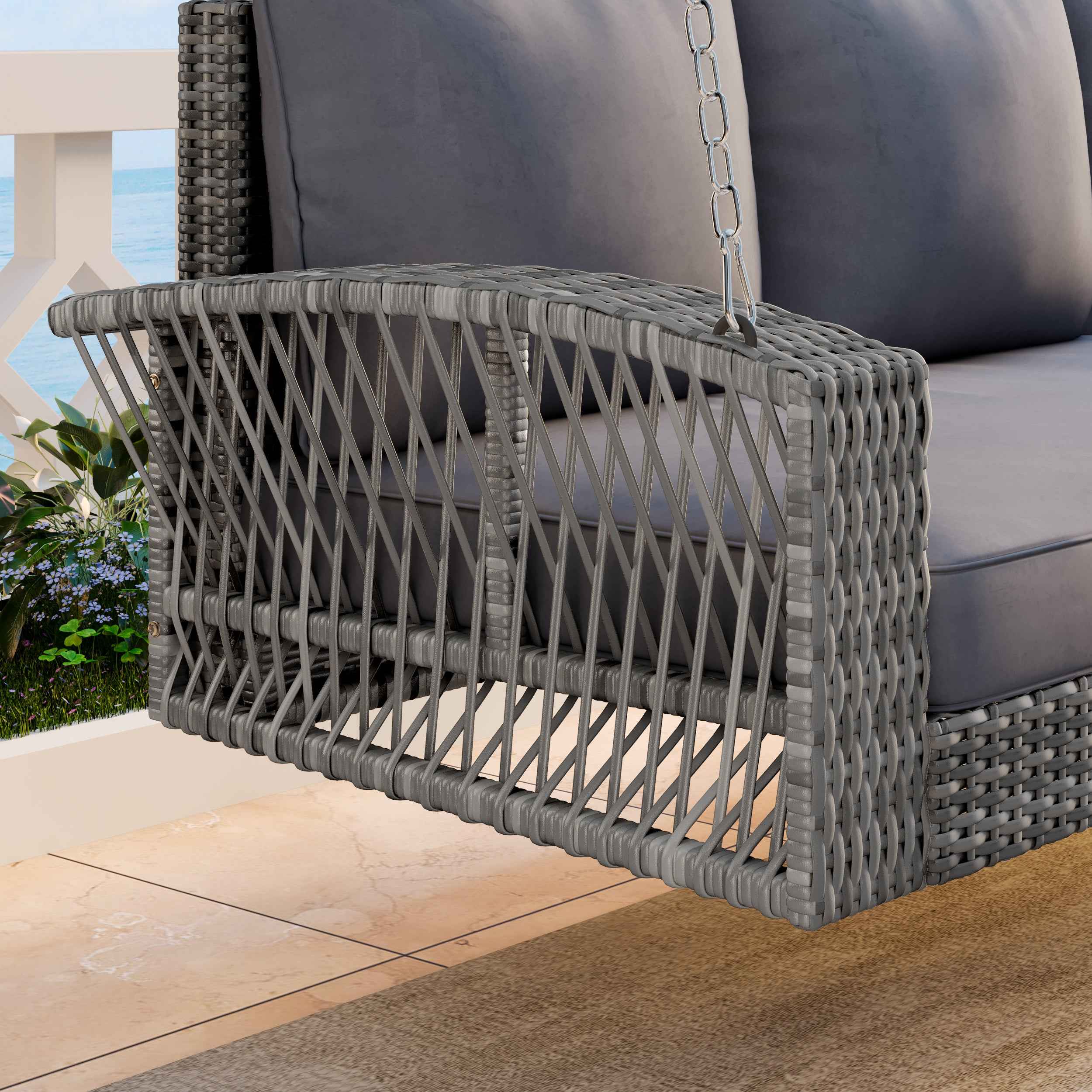 GO 69' PE Wicker 3-Person Porch Swing with Chains, Large Patio Swing Bench with Cushions for Backyard, Garden, and Poolside, Gray69'
