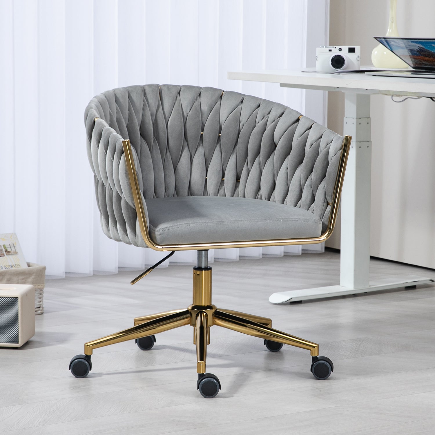 Modern design the backrest is hand-woven Office chair,Vanity chairs with wheels,Height adjustable,360°swivel for bedroom, living room(GREY)