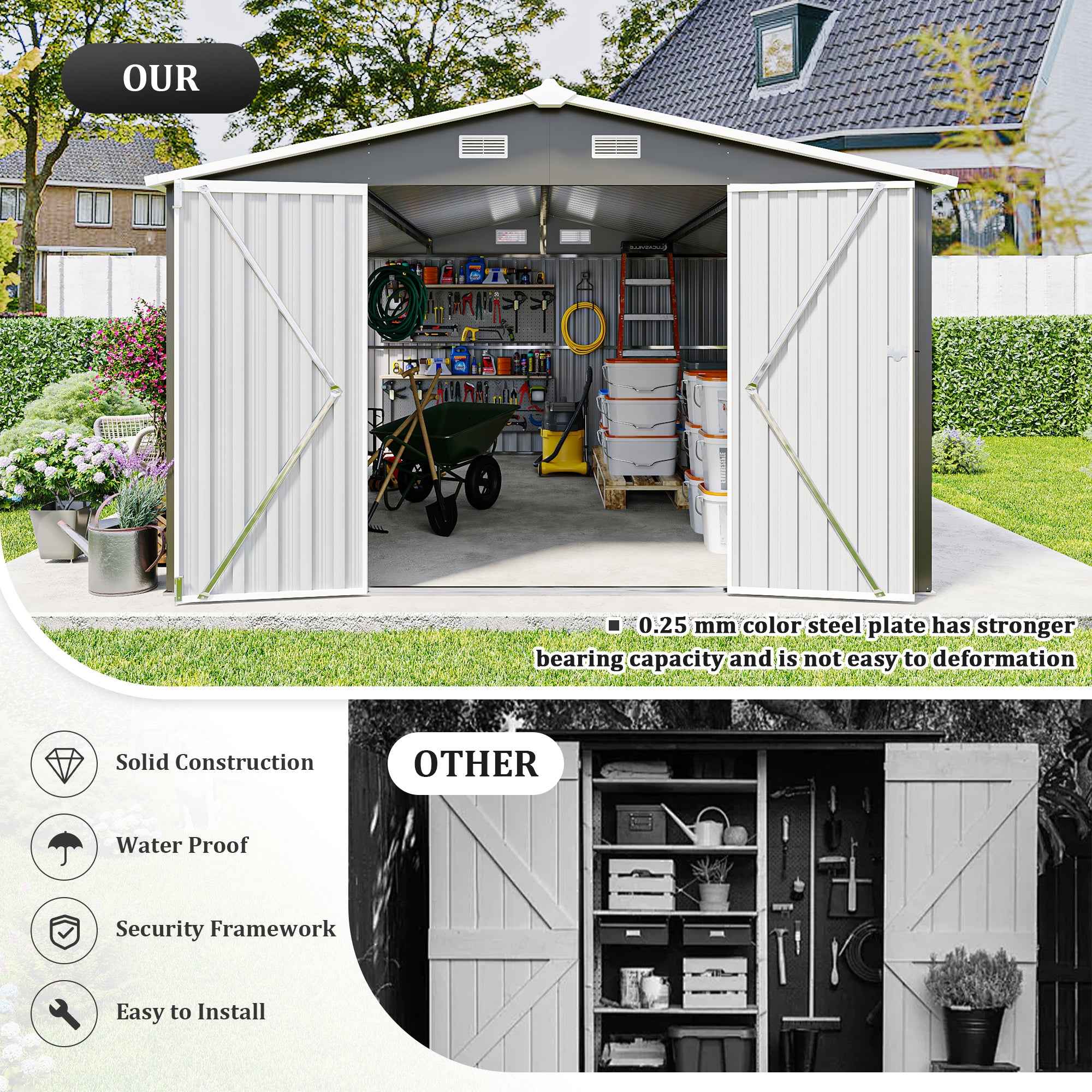 Campcraft  Outdoor Storage Shed 10×14 FT with 3 Lockable Doors,4 Air Vents & Sloped Roof,Utility Tool Shed Metal Storage Garden Sheds  Frame and 4 Vents,for Backyard,Patio,Lawn,dark Grey