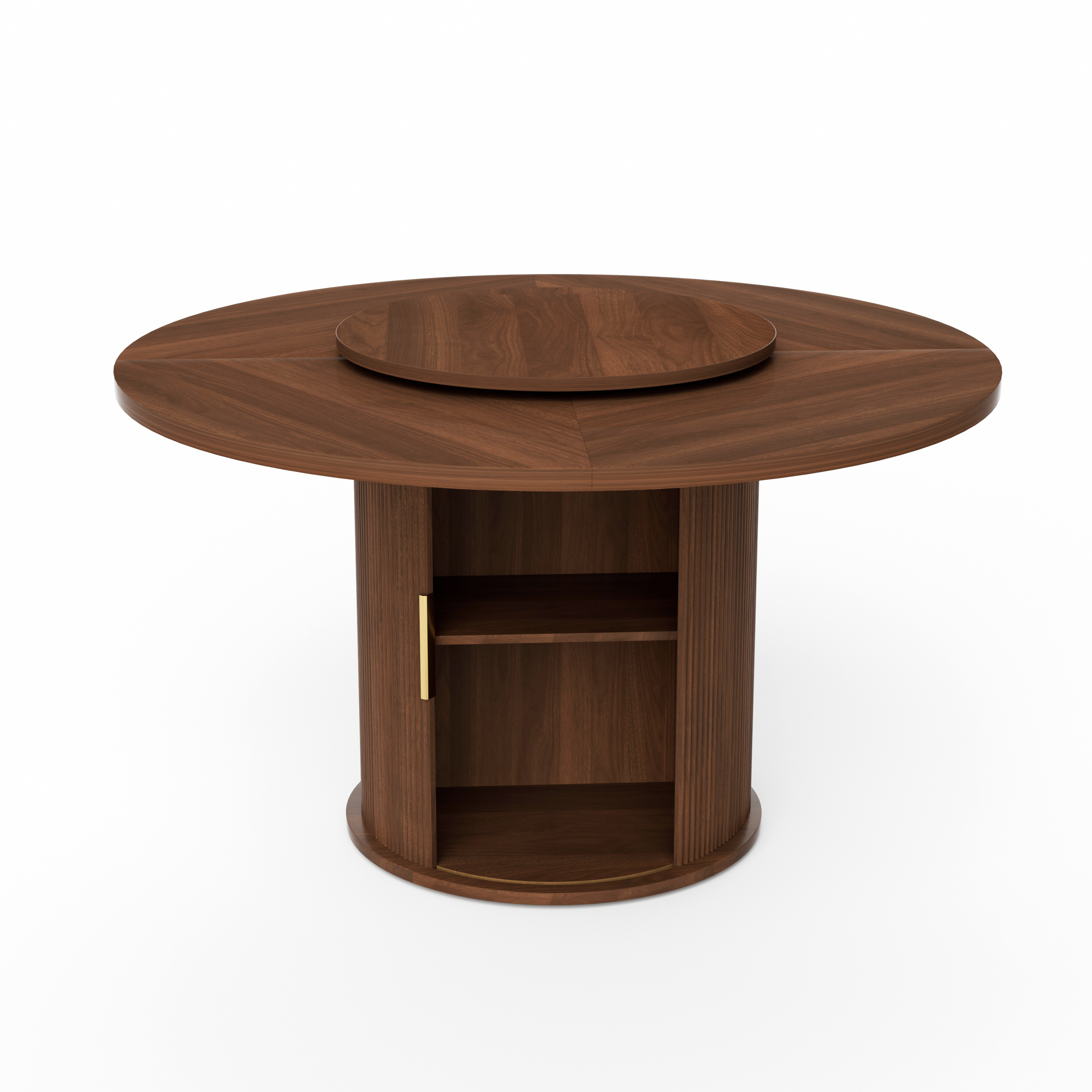 55-inch round dining table for six, featuring a double-tiered storage rack and a rotating tabletop tray. Wooden wavy-striped sliding doors. Ideal for home dining room living room (Walnut).