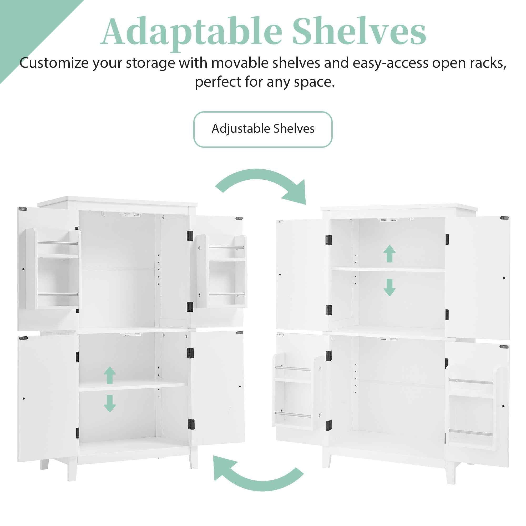 Elegant Bathroom Floor Storage Cabinet, Bathroom Storage Unit, Freestanding Cabinet with 4 Doors, Adjustable Shelves, Adaptable Shelves, White