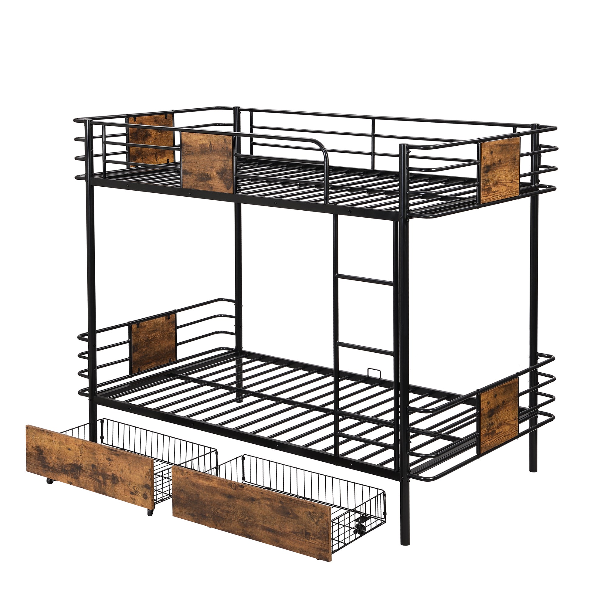 Twin XL over Twin XL Metal Bunk Bed with MDF Board Guardrail and Two Storage Drawers,Black