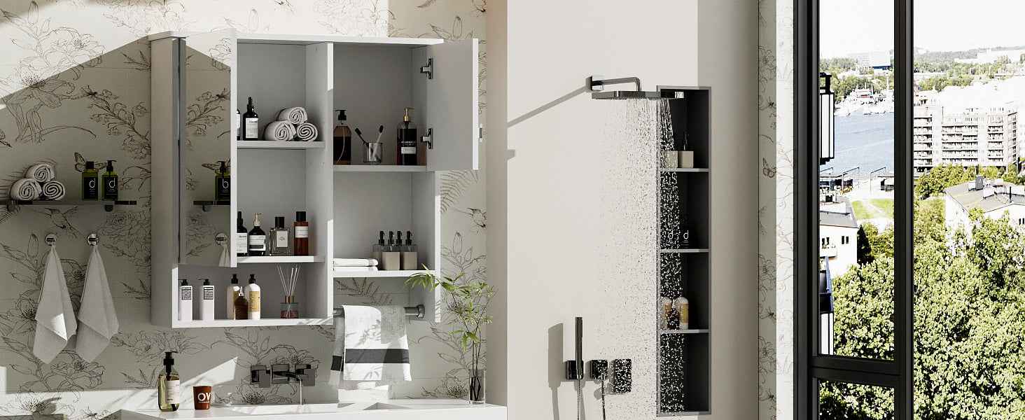 29'' x 28'' Modern Wall Mounted Bathroom Medicine Cabinet, Bathroom Wall Storage Cabinet with Mirror, Over the Toilet Space Saver Cabinet with Towels Bar