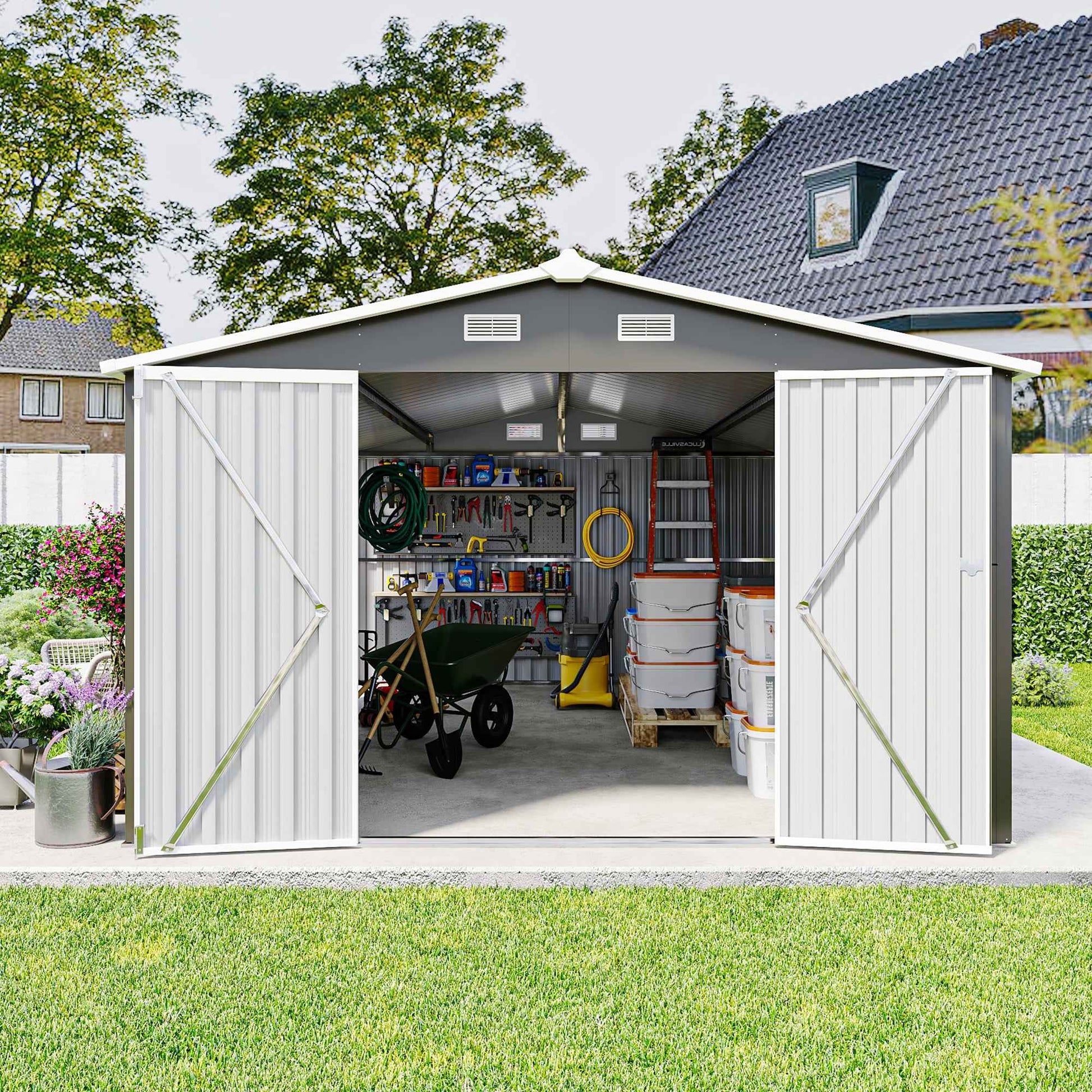 Campcraft  Outdoor Storage Shed 10×14 FT with 3 Lockable Doors,4 Air Vents & Sloped Roof,Utility Tool Shed Metal Storage Garden Sheds  Frame and 4 Vents,for Backyard,Patio,Lawn,dark Grey