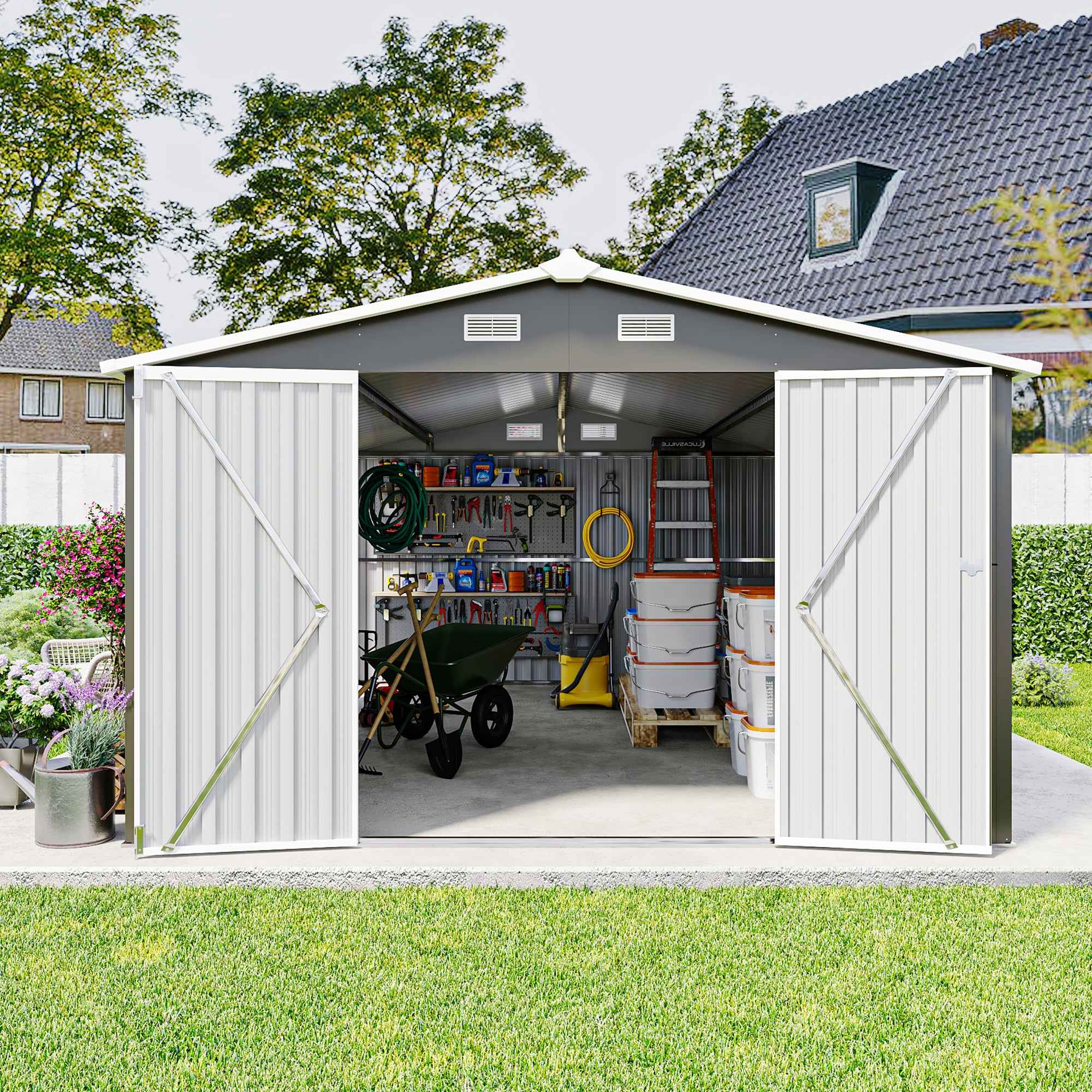 Campcraft  Outdoor Storage Shed 10×14 FT with 3 Lockable Doors,4 Air Vents & Sloped Roof,Utility Tool Shed Metal Storage Garden Sheds  Frame and 4 Vents,for Backyard,Patio,Lawn,dark Grey