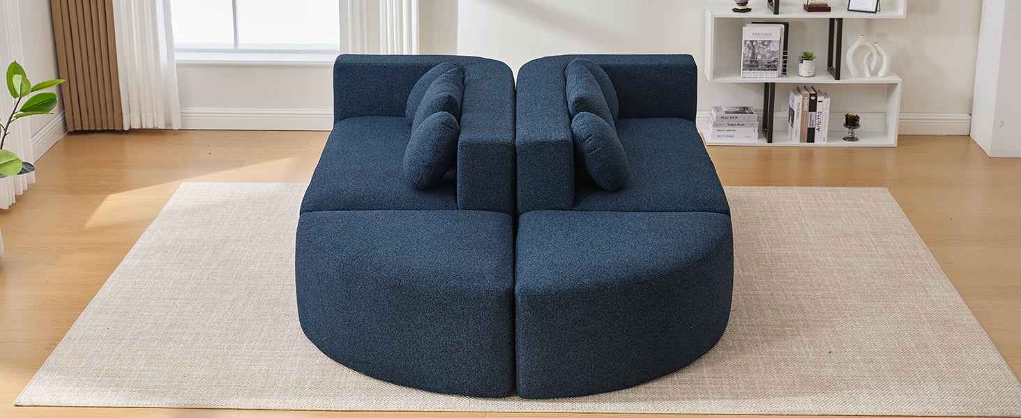 Boneless Couch Modular Sectional Sofa with Deep Seating and Curved Design in Blue Boucle, 114.9 Inches