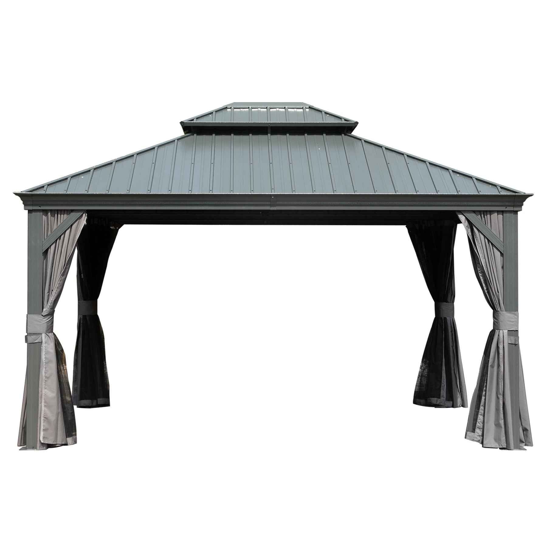 10' X 14' Hardtop Gazebo Permanent Outdoor Gazebo with Galvanized Steel Double Roof, Aluminum Frame, Curtains and Netting for Patio Lawn and Garden, Gray
