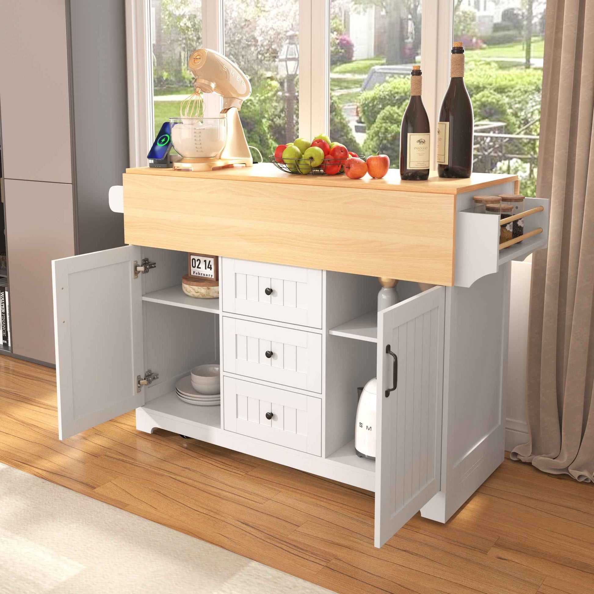K&K 55.7'' Large Kitchen Island with 2 Drop Leaf,, Rolling Kitchen Cart on 5 Wheels with Power Outlet, Folding Storage Dining Table with Spice & Towel Rack , 3 Drawers, for Kitchen, Dining Room,White