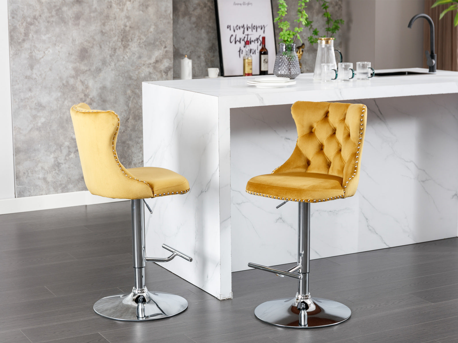 A&A Furniture,Swivel Velvet Barstools Adjusatble Seat Height from 25-33 Inch, Modern Upholstered Chrome base Bar Stools with Backs Comfortable Tufted for Home Pub and Kitchen Island（Gold,Set of 2）