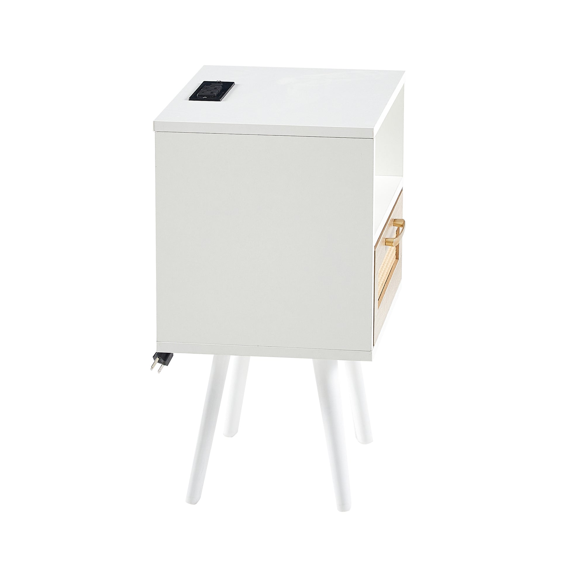15.75" Rattan End table with Power Outlet  & USB Ports , Modern nightstand with drawer and solid wood legs, side table for living room, bedroom, white - Abrihome