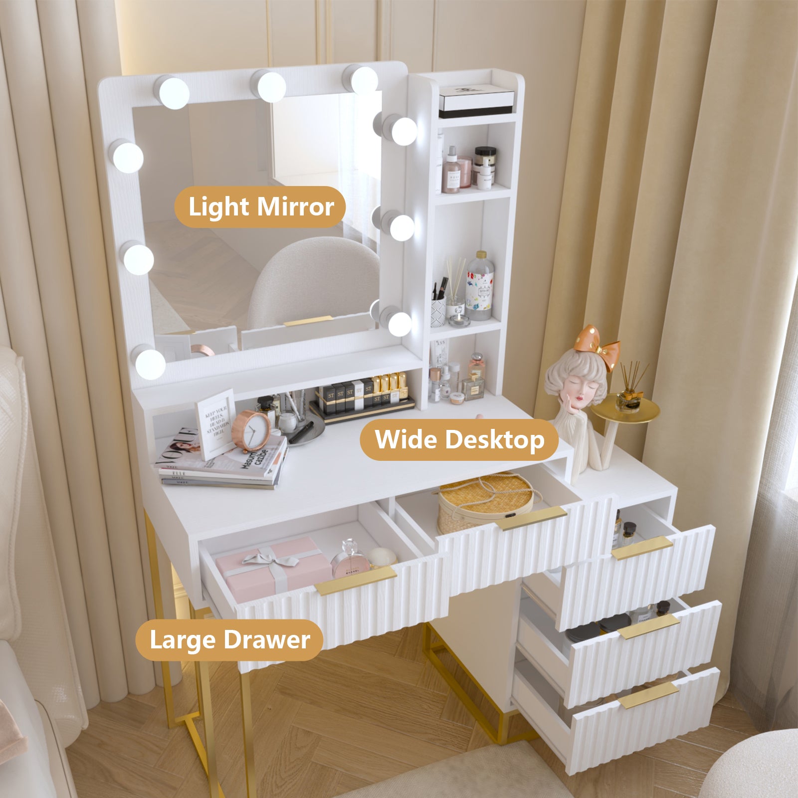 Makeup Vanity Desk with Mirror and Lights, Vanity Table, 5 Drawers, Side Cabinet, Storage Shelves for Bedroom, White