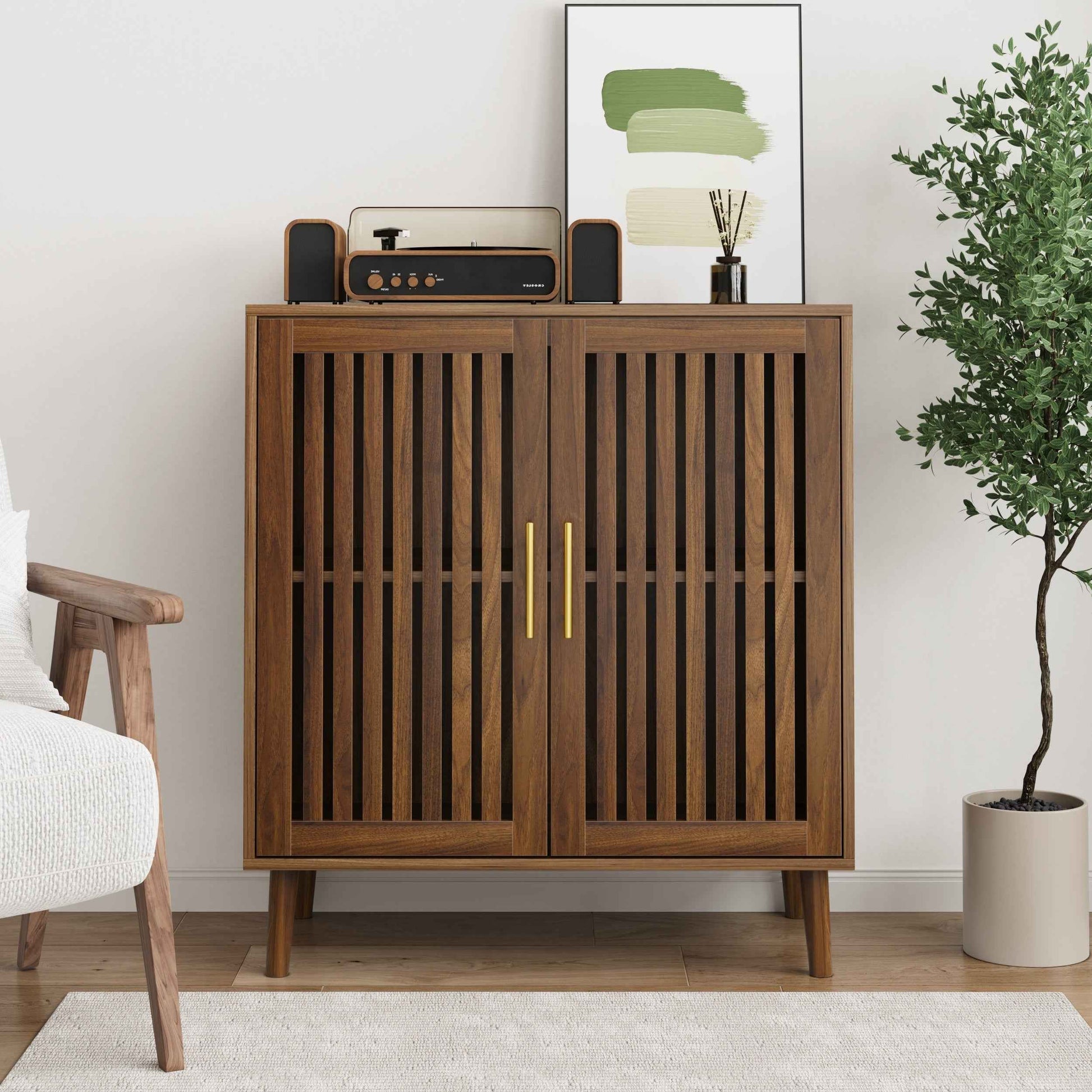 Farmhouse Walnut Sideboard Buffet Cabinet With Louvered Doors, Wood Coffee Bar Storage For Kitchen & Living Room, 31.5' W