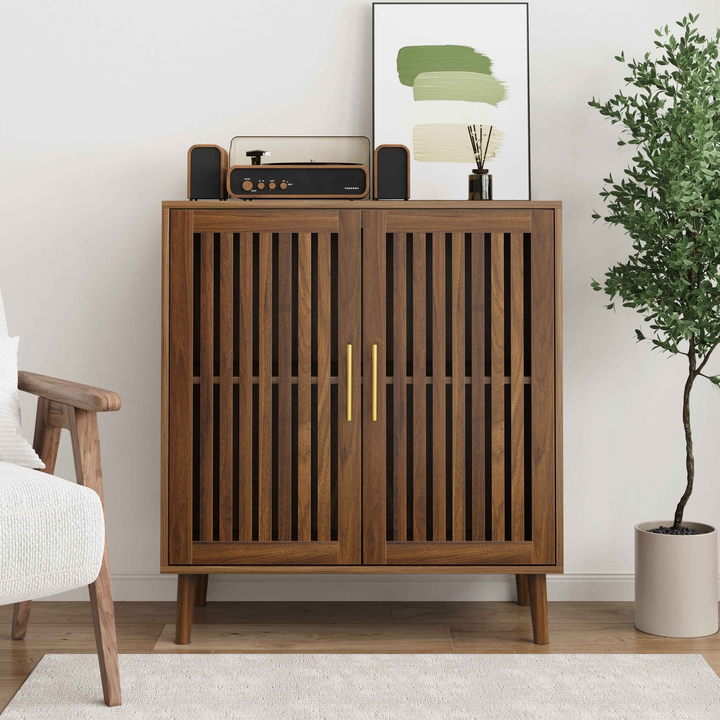 Farmhouse Walnut Sideboard Buffet Cabinet With Louvered Doors, Wood Coffee Bar Storage For Kitchen & Living Room, 31.5' W