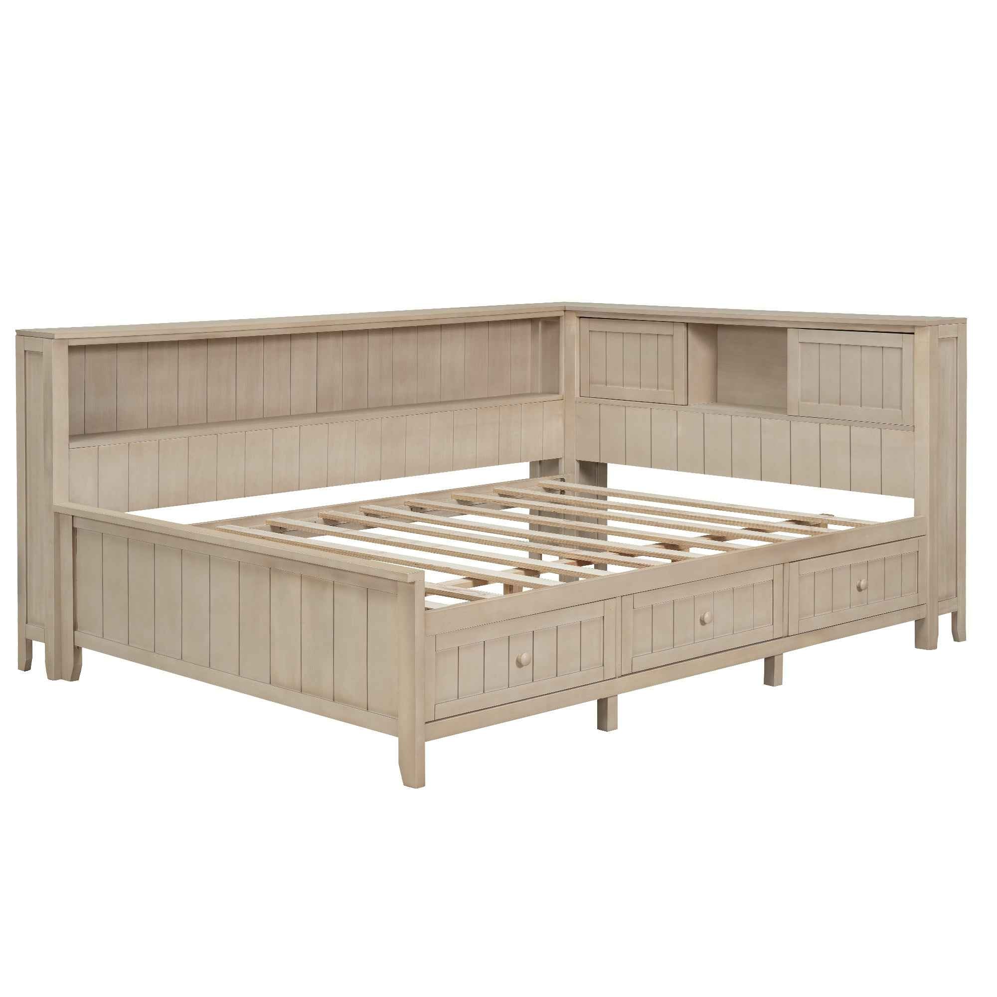 Full Size Wood Daybed with Storage Shelves and 3 Drawers in Antique White Milk Finish, Solid Pine Wood+MDF
