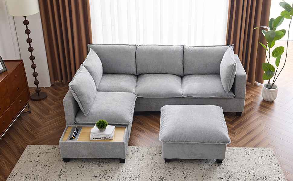 Modular 90' U-shaped Sectional Sofa with Movable Ottoman and Hidden Charging Coffee Table, Grey, Chenille