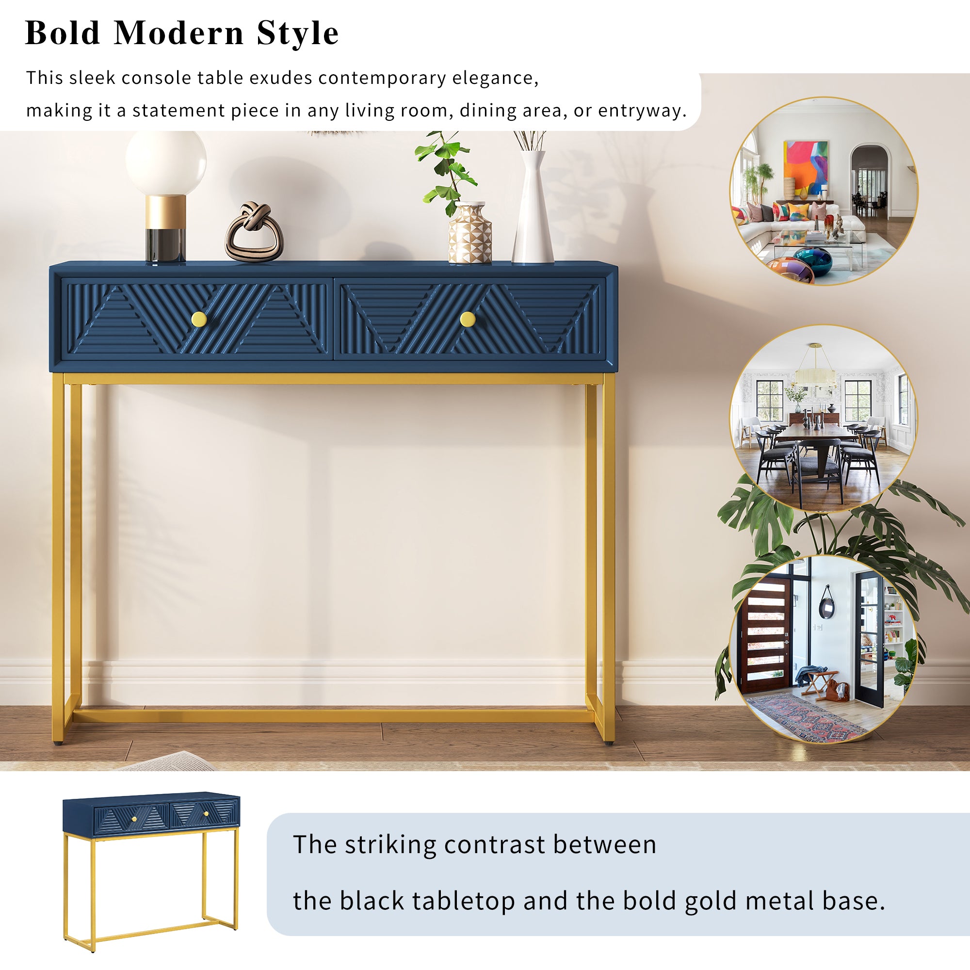 TREXM Modern Sleek Console Table Two Drawers with Stripe Design for Living Room and Entryway (Navy)