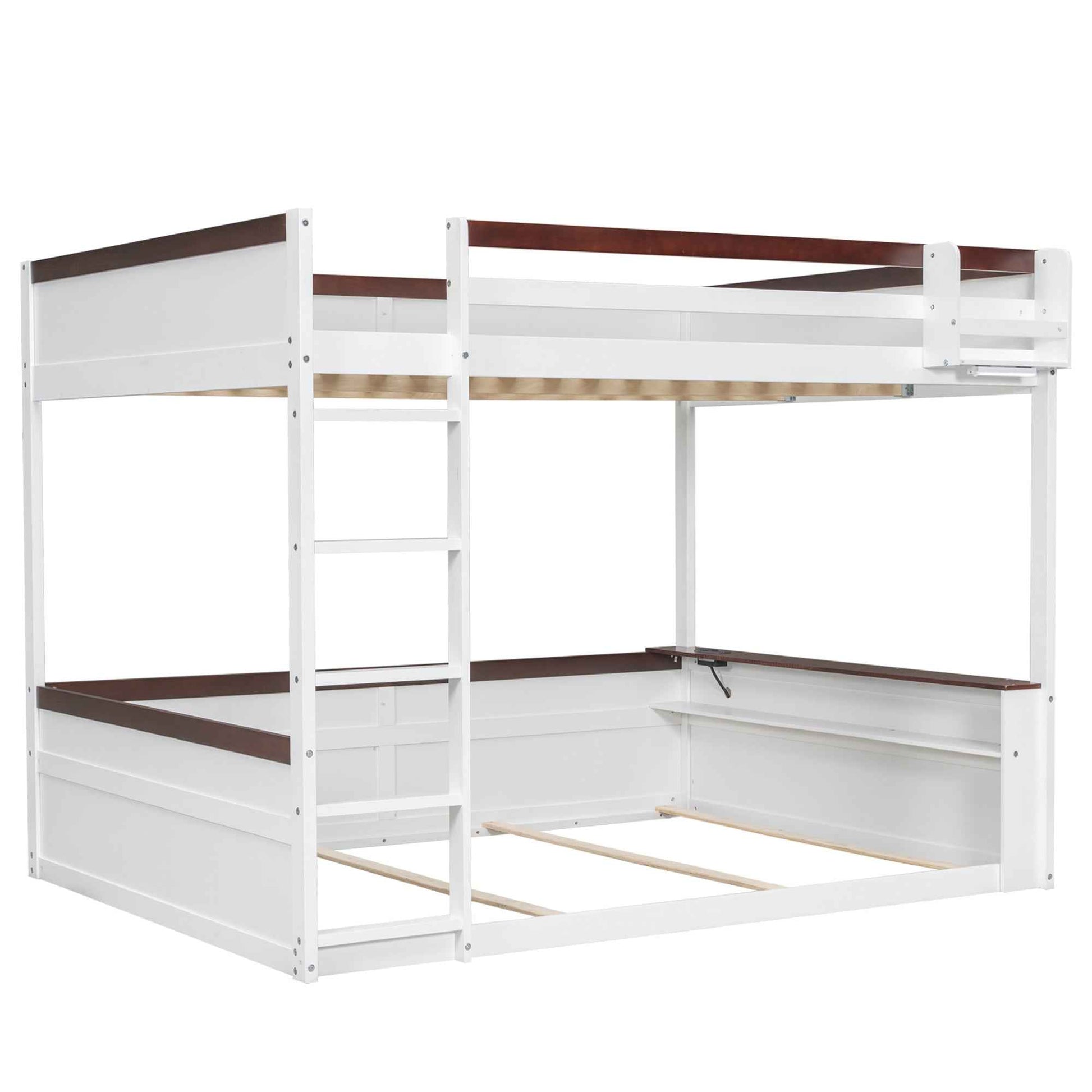 White Queen Size Wooden Bunk Bed with Built-in Shelves, Storage Box, LED Light, and USB Charging Station - Pine Wood + MDF