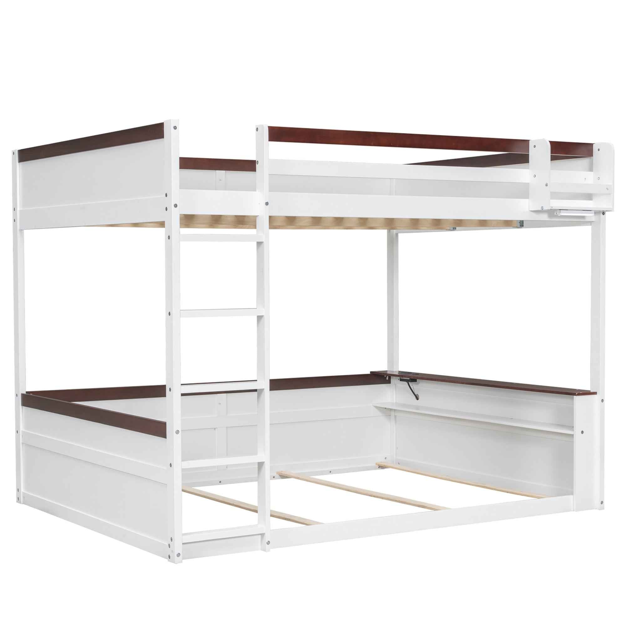 White Queen Size Wooden Bunk Bed with Built-in Shelves, Storage Box, LED Light, and USB Charging Station - Pine Wood + MDF