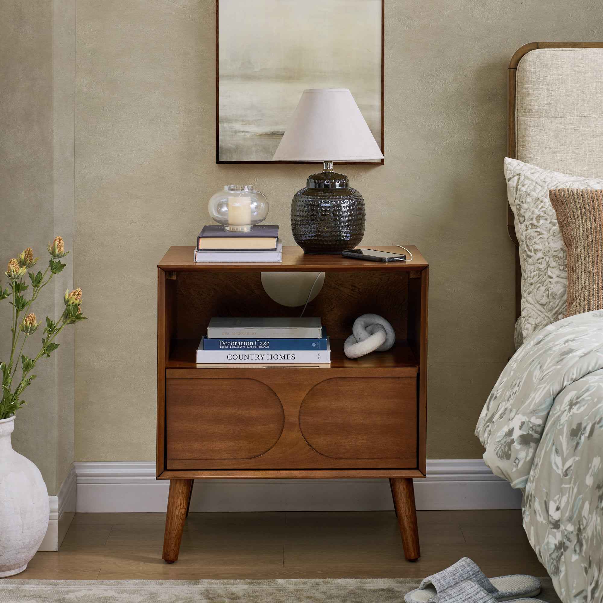 Mid Century Modern Fluted Nightstand with Charging Station USB Ports & Outlet Hole & 4 Solid Wood Legs, Farmhouse End Table with Open Space and Drawer Dresser, Walnut