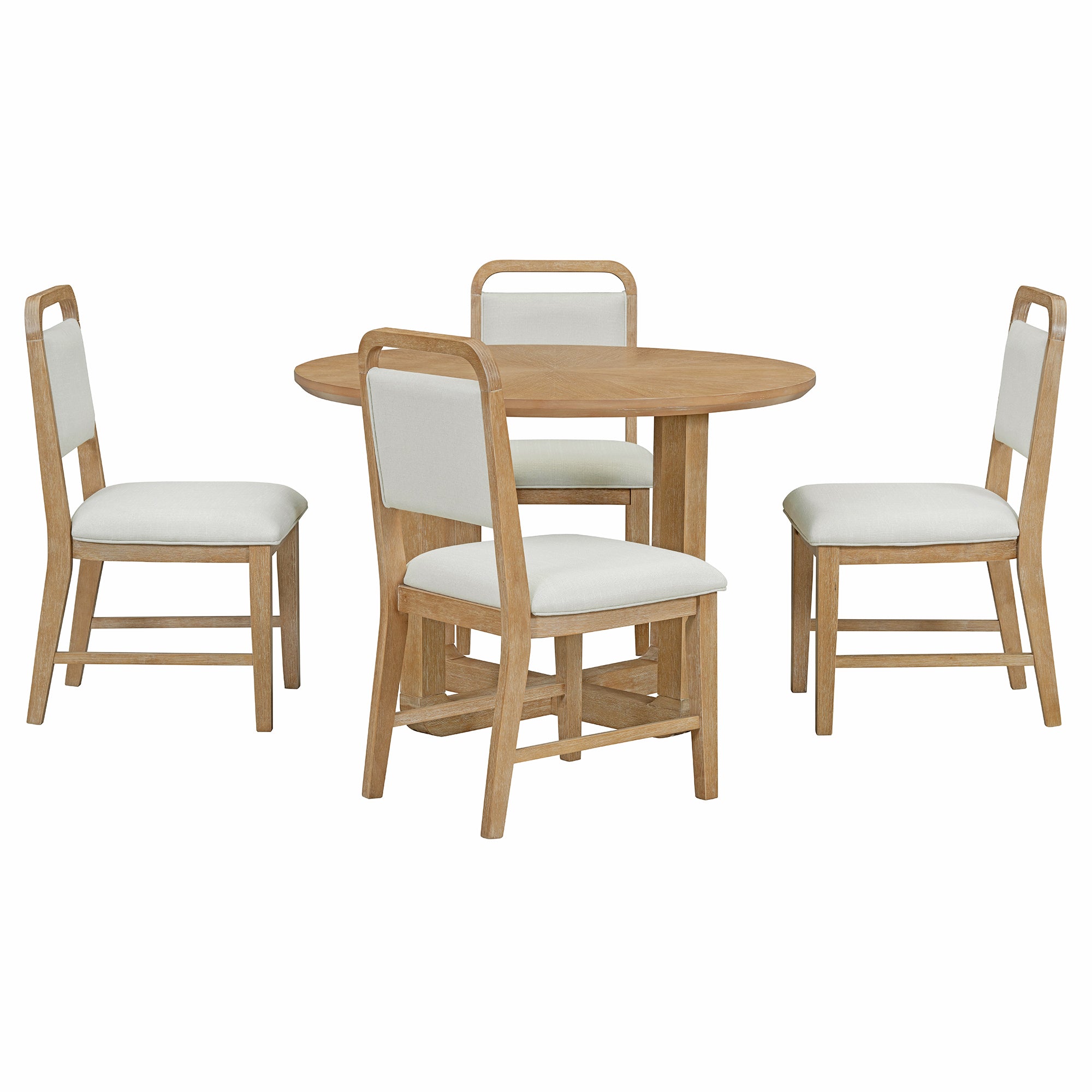 TREXM 5-Piece Retro Dining Set, Round Table Top with Radial Wood Grain Design and 4 Upholstered Chairs for Dining Room and Kitchen (Natural Wood Wash)