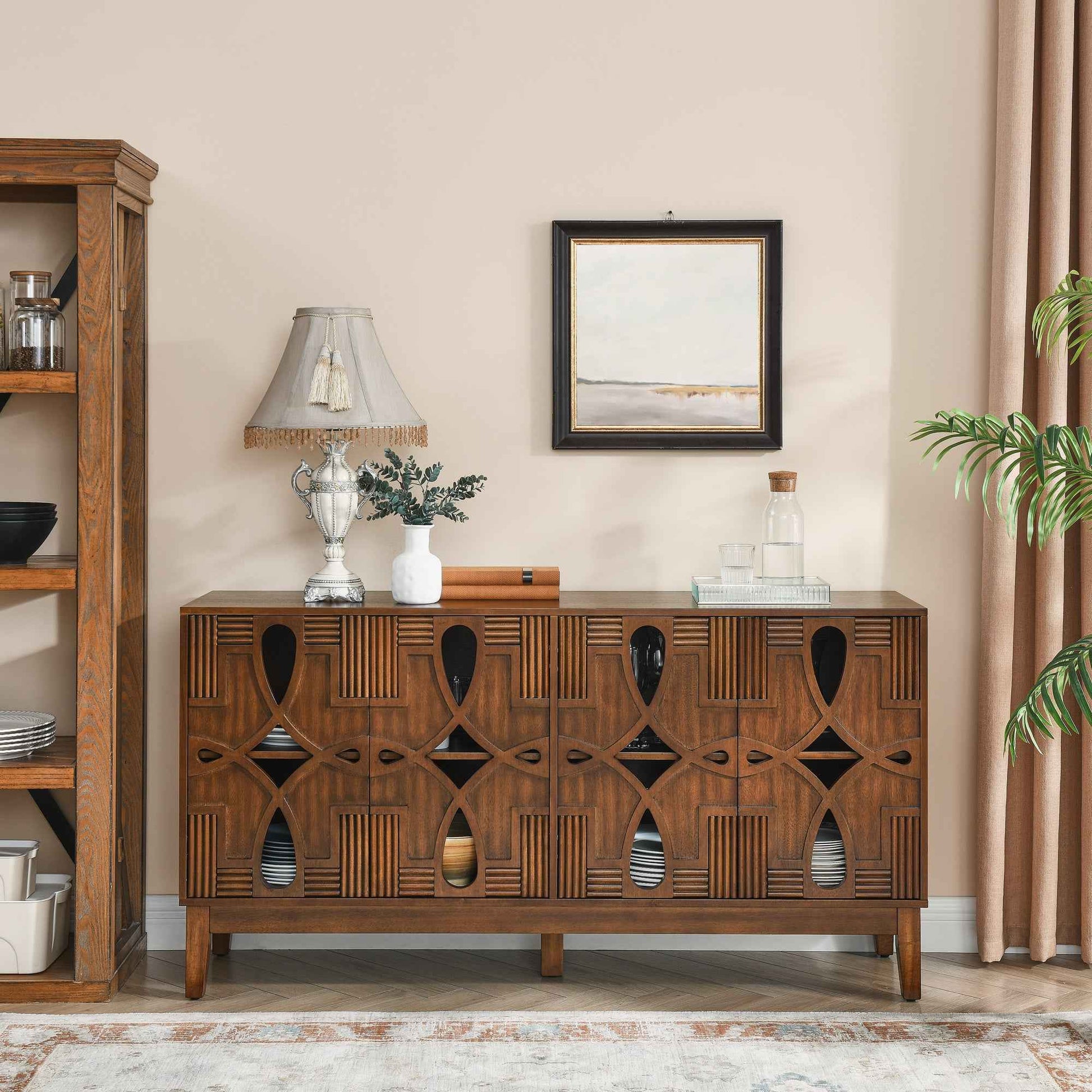 60.5' Mid Century Modern Sideboard Buffet Cabinet with Storage, TV Media Console Table, Storage Cabinet with 4 Doors & Adjustable Shelves for Kitchen Dining Living Room Entryway, Walnut