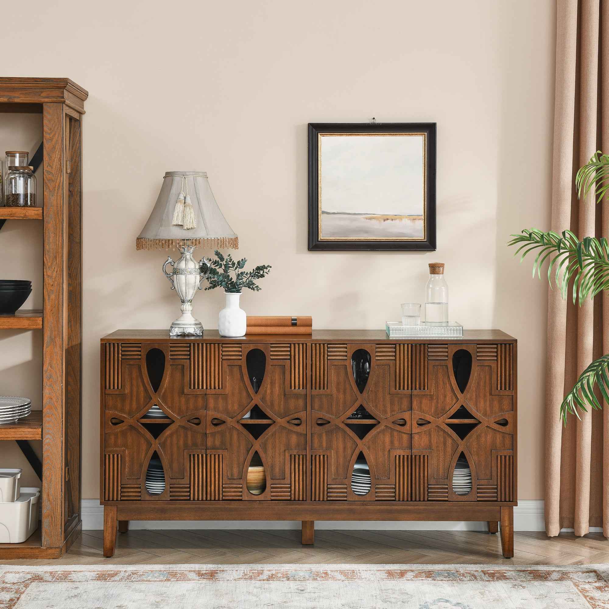 60.5' Mid Century Modern Sideboard Buffet Cabinet with Storage, TV Media Console Table, Storage Cabinet with 4 Doors & Adjustable Shelves for Kitchen Dining Living Room Entryway, Walnut