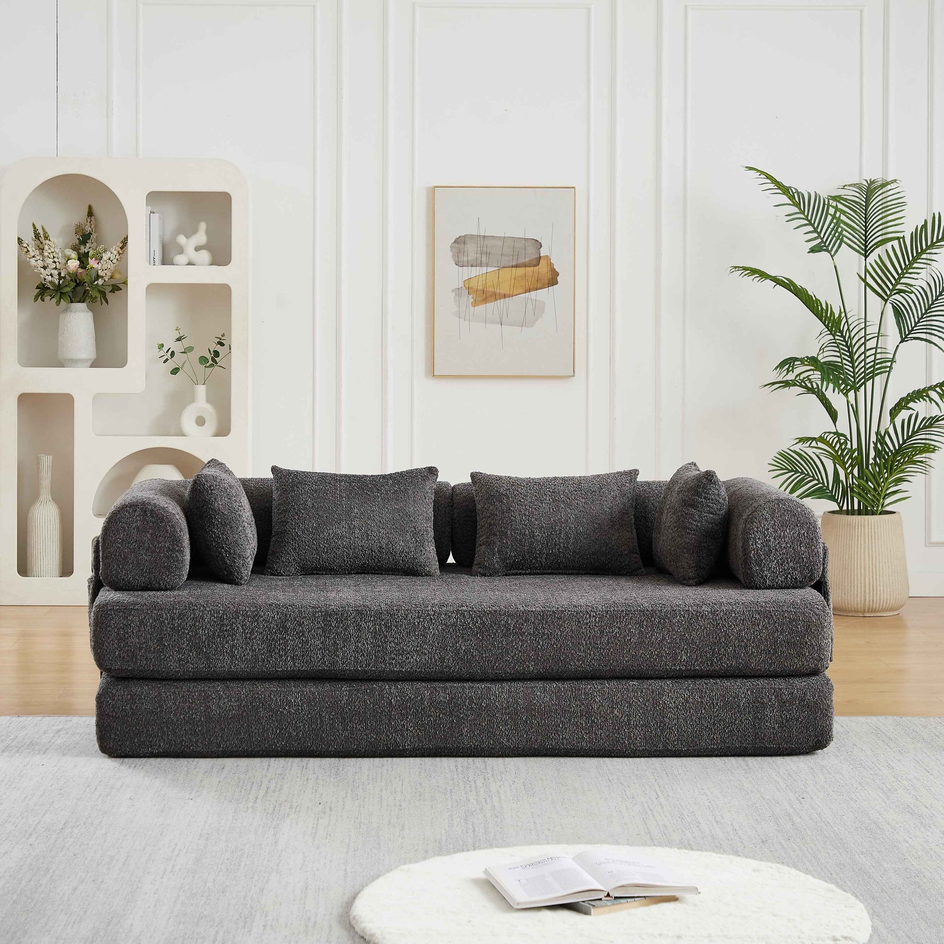 78.7-Inch Convertible Sleeper Sofa Bed with Cylindrical Pillow, Chenille Folding Mattress Couch with ,Folding Sofa Bed with Side Pocket, Floor Sofa Lounge Couch for Living Room Bedroom Lounge Studio