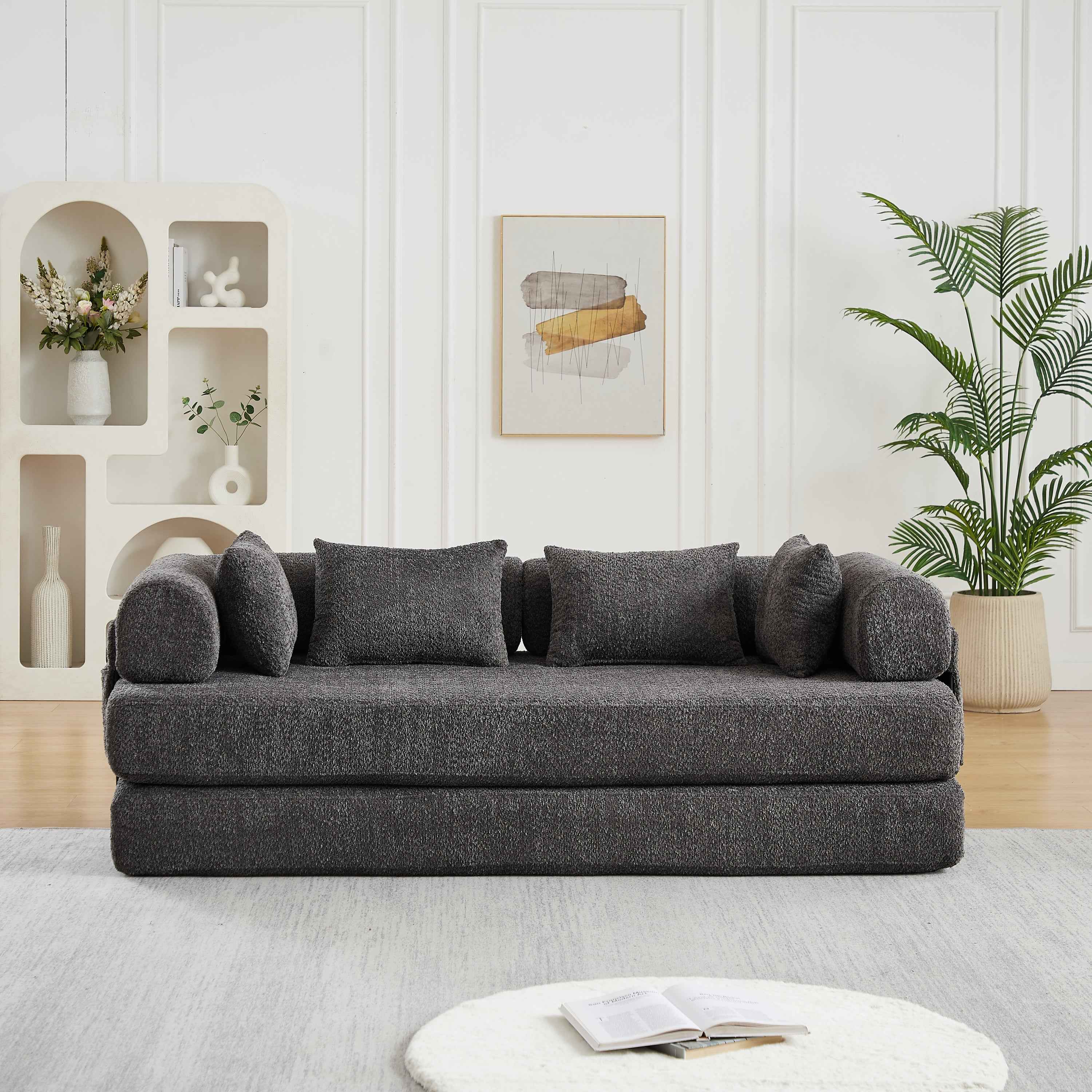 78.7-Inch Convertible Sleeper Sofa Bed with Cylindrical Pillow, Chenille Folding Mattress Couch with ,Folding Sofa Bed with Side Pocket, Floor Sofa Lounge Couch for Living Room Bedroom Lounge Studio